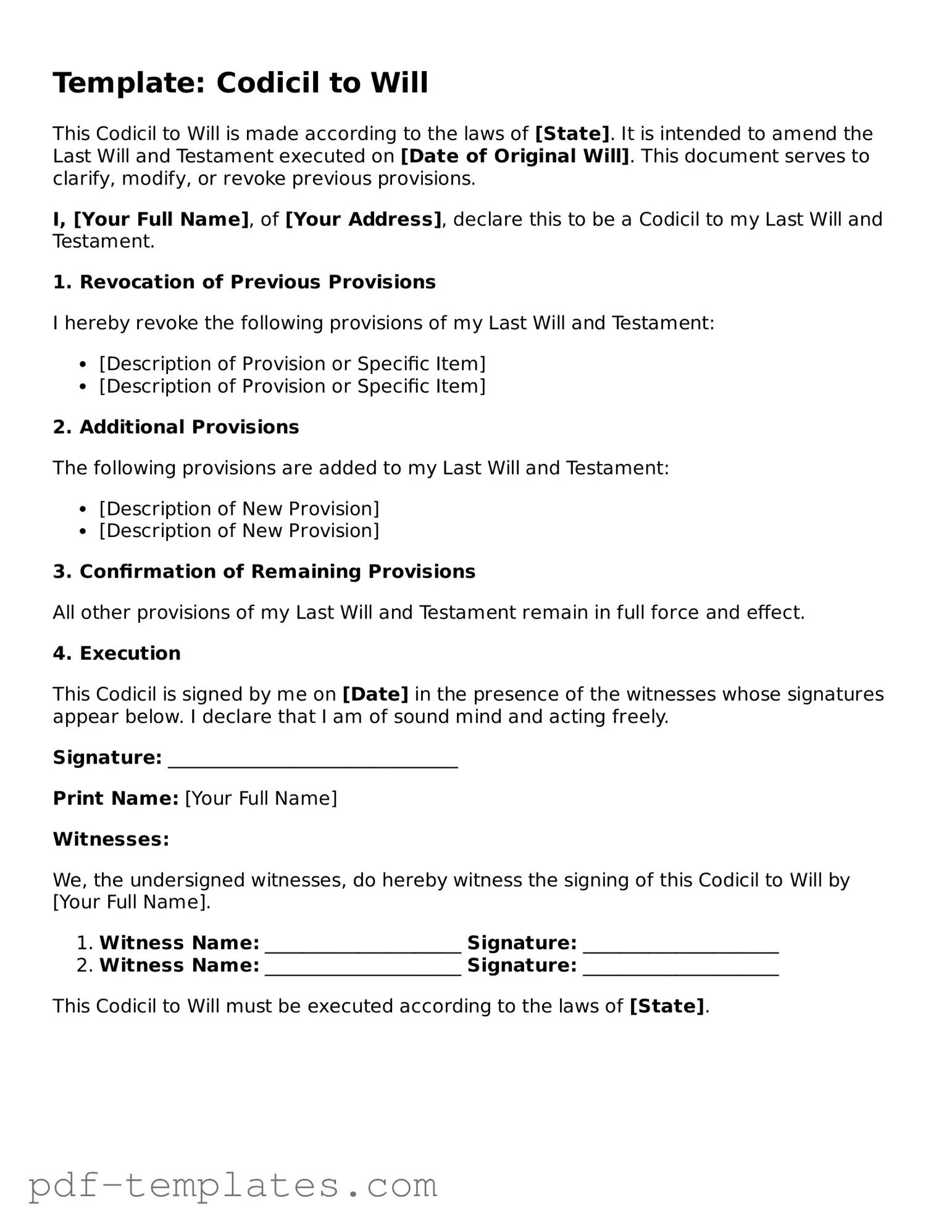 Codicil to Will Document