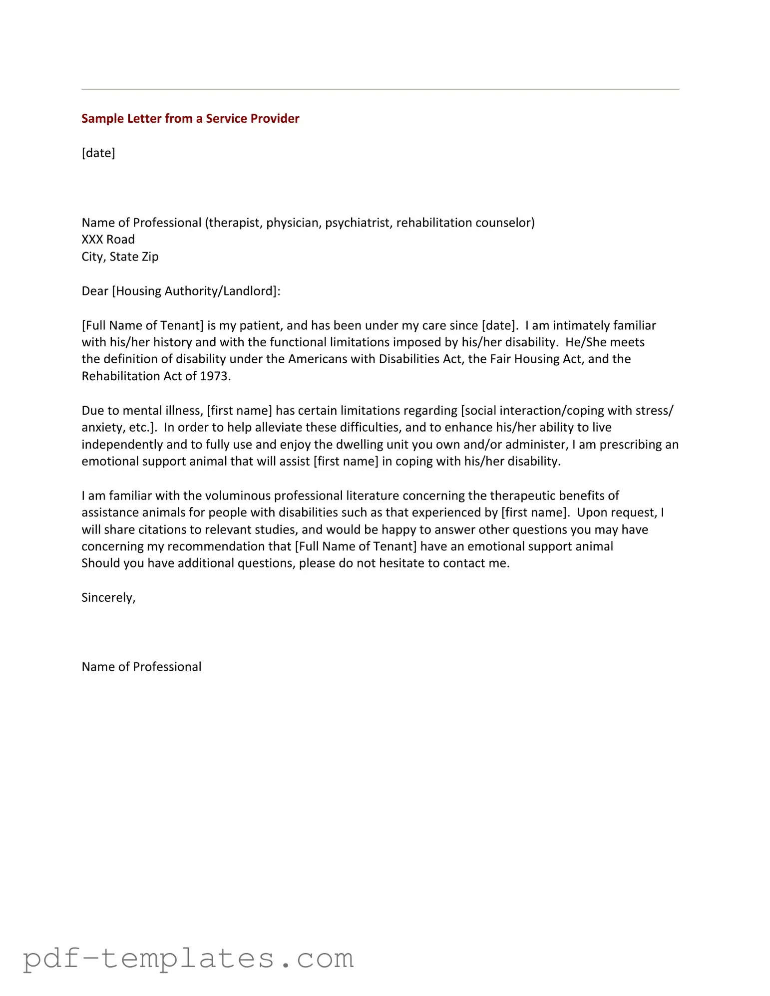 Get Emotional Support Animal Letter Form in PDF