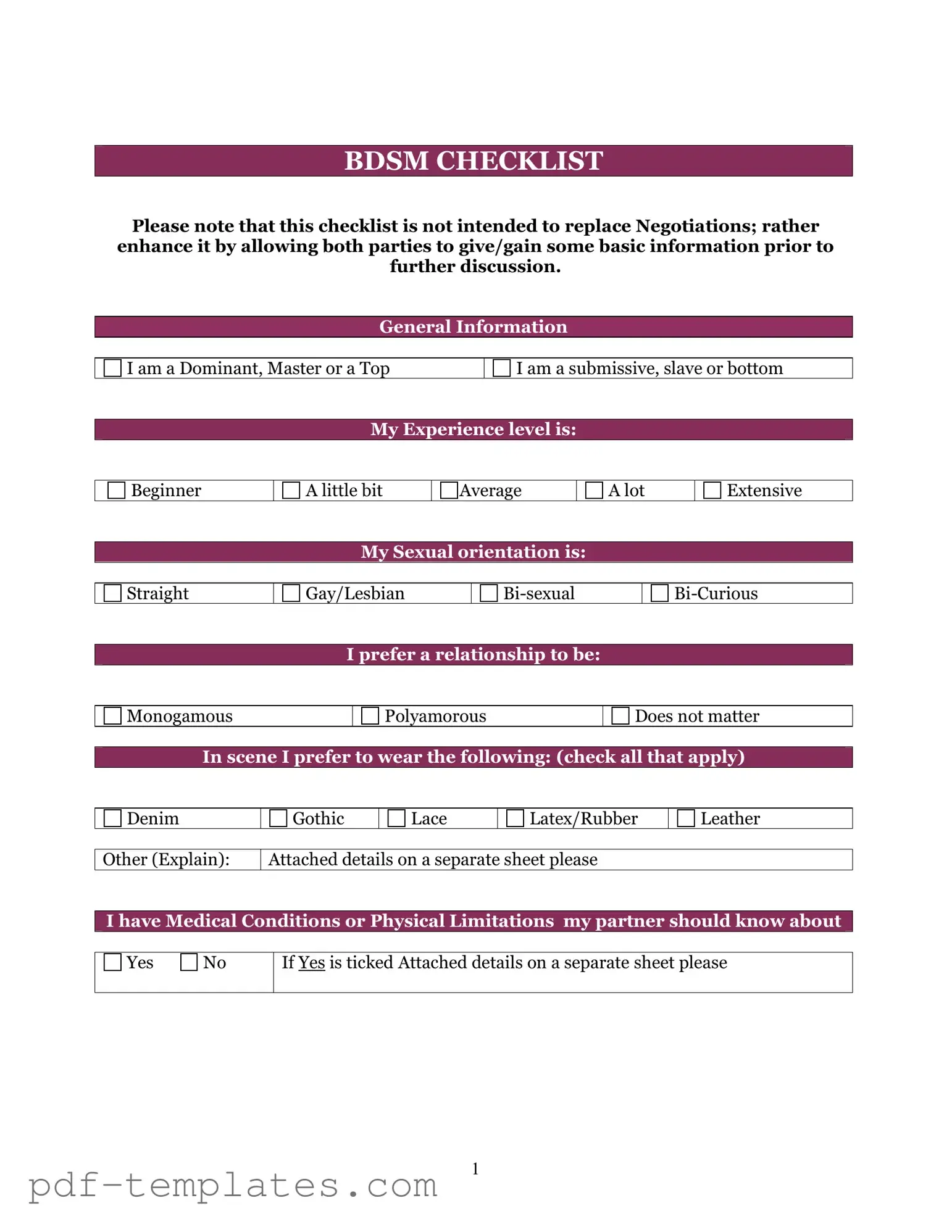 Get Bdsm Checklist Form in PDF