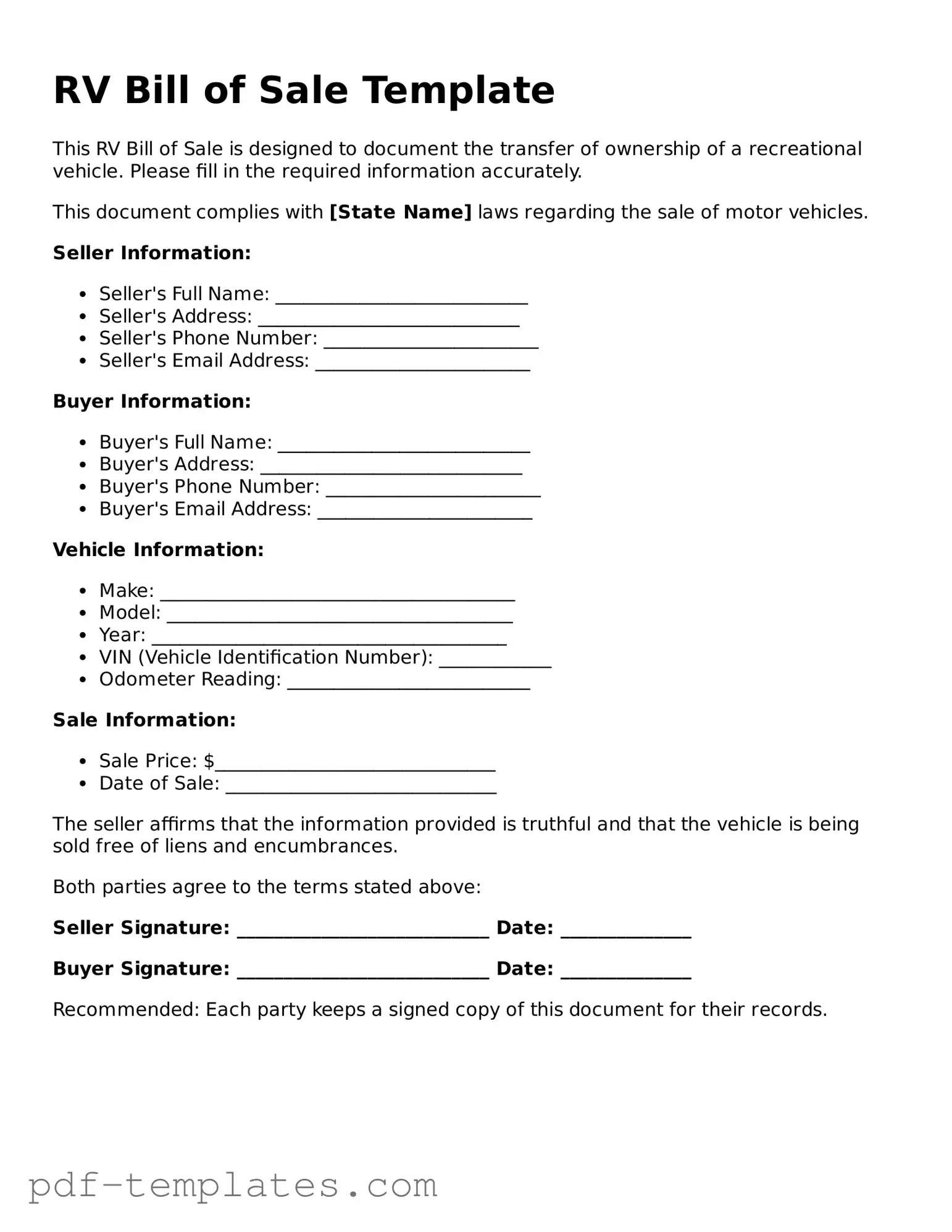 RV Bill of Sale Document