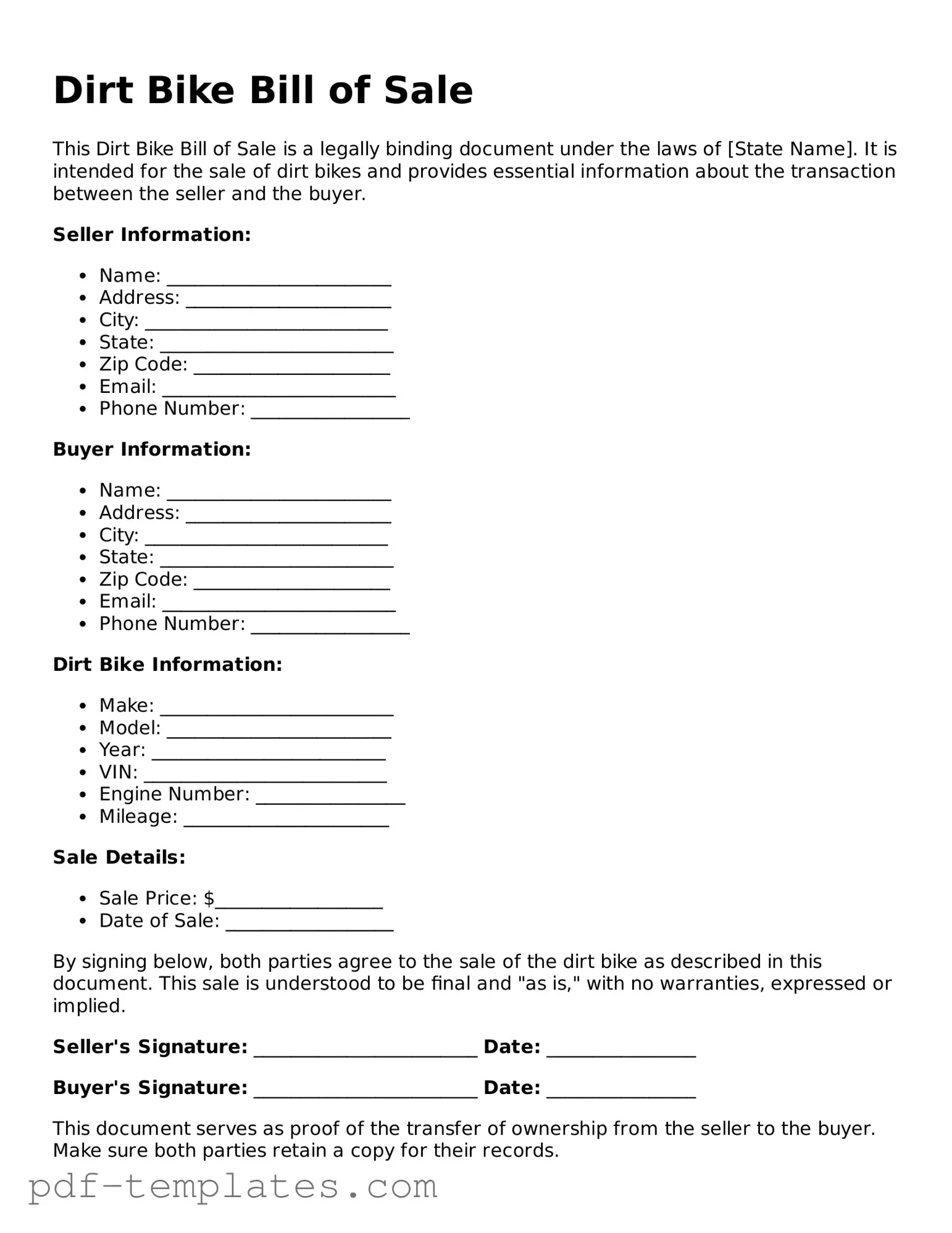Dirt Bike Bill of Sale Document