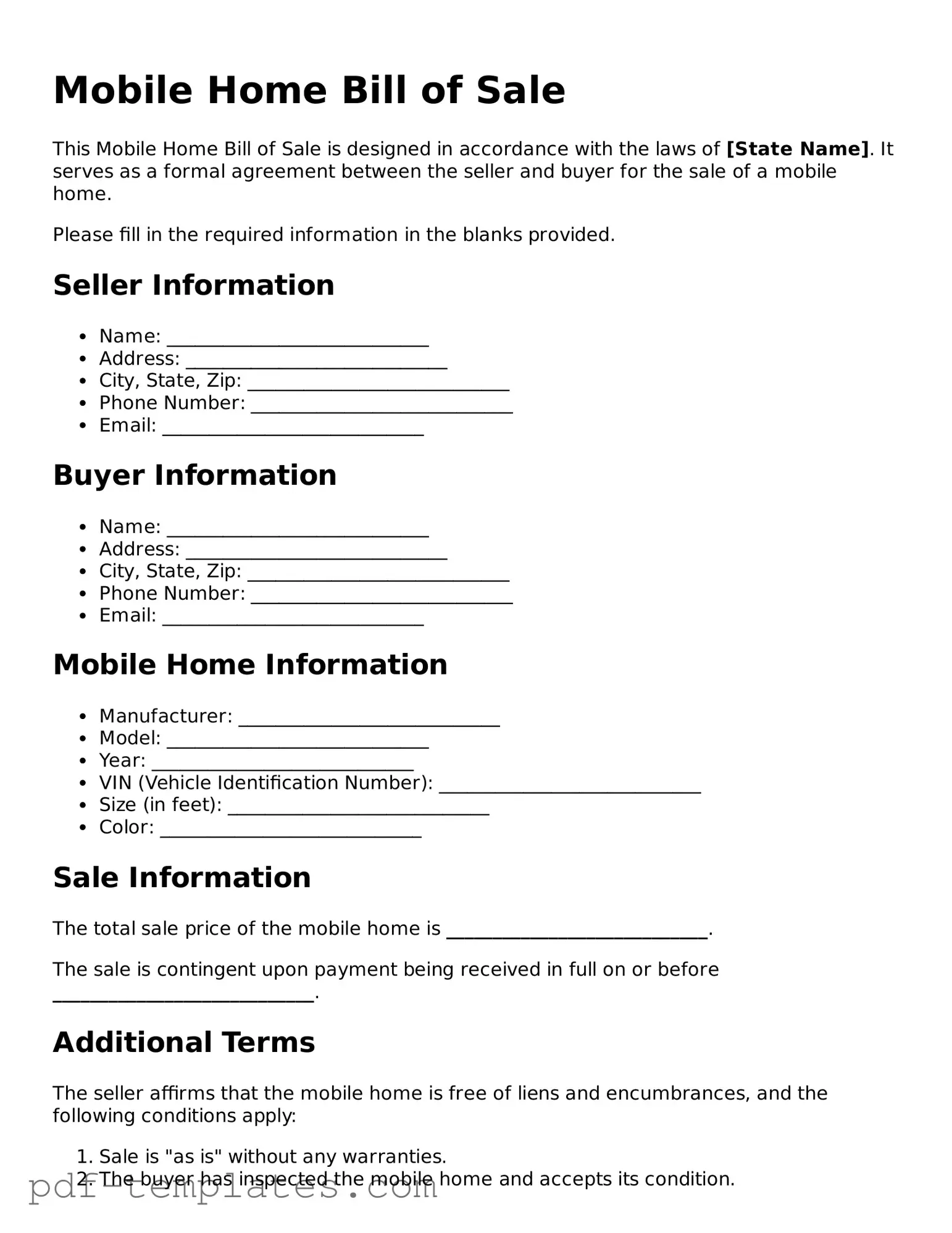 Mobile Home Bill of Sale Document