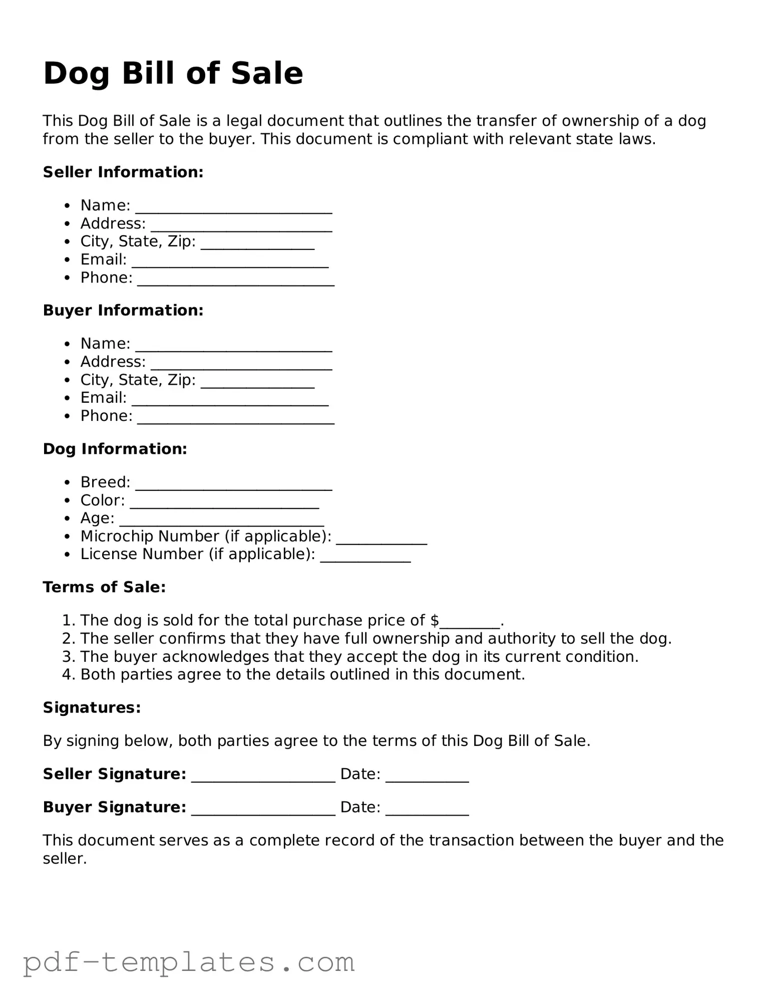 Dog Bill of Sale Document