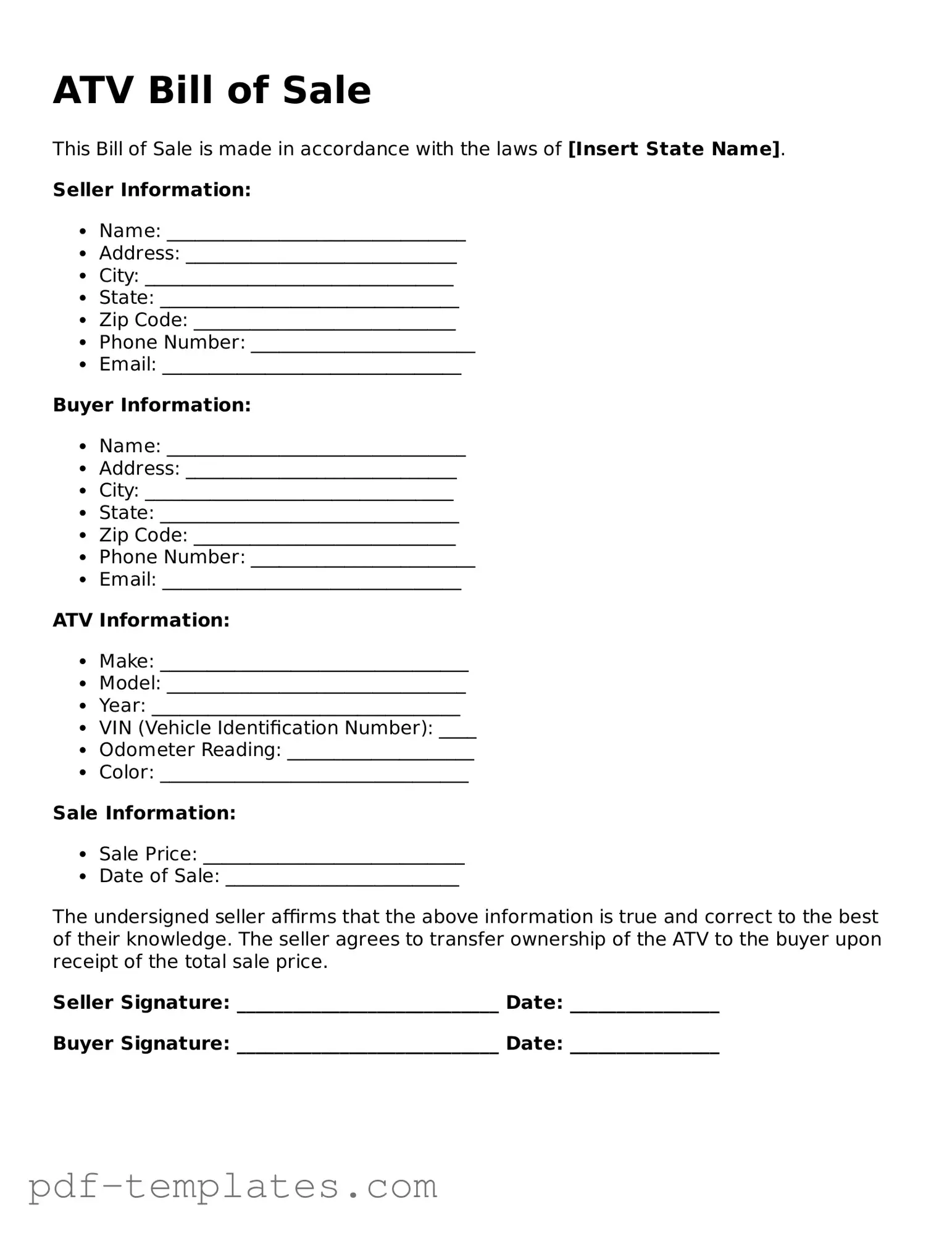 ATV Bill of Sale Document