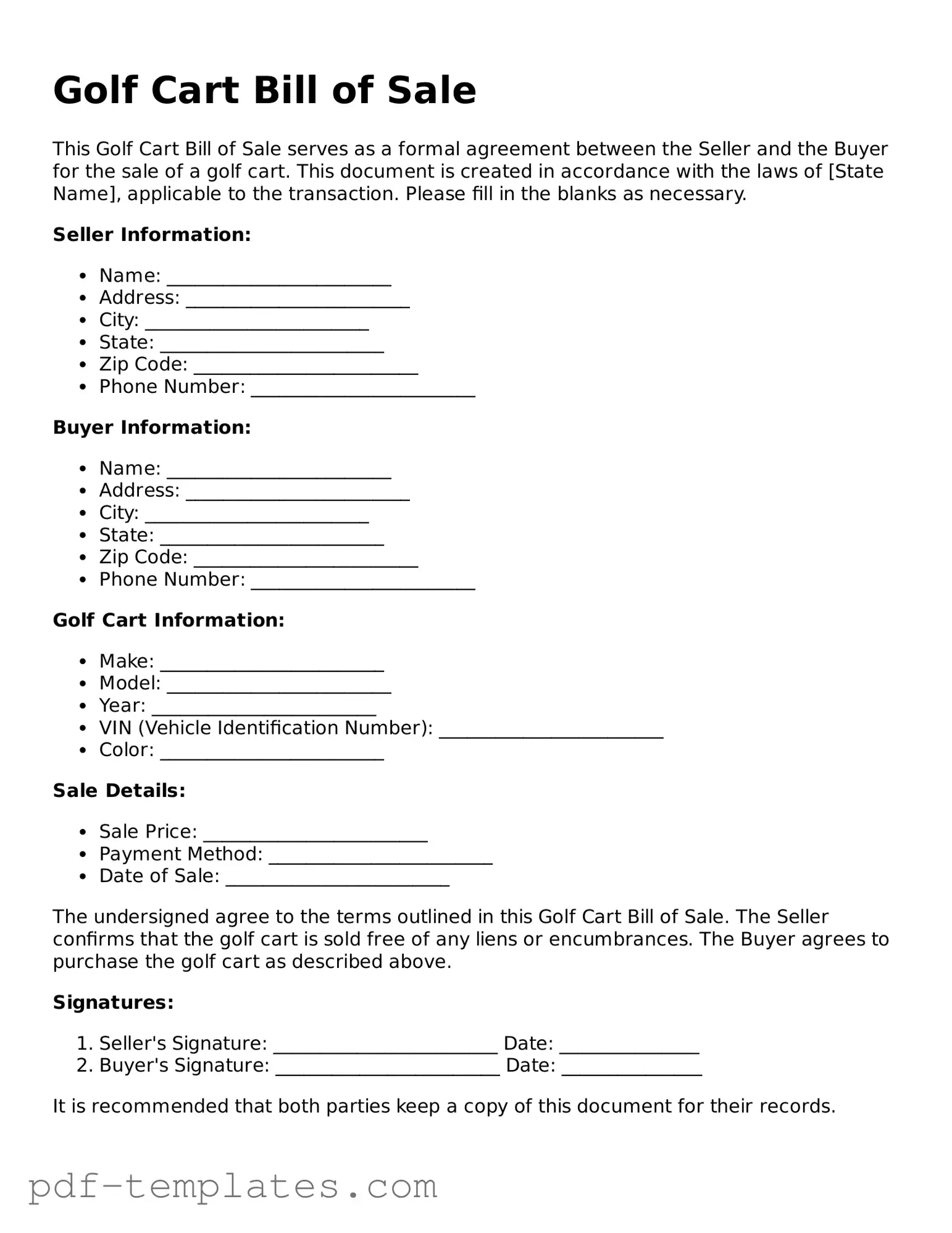 Golf Cart Bill of Sale Document