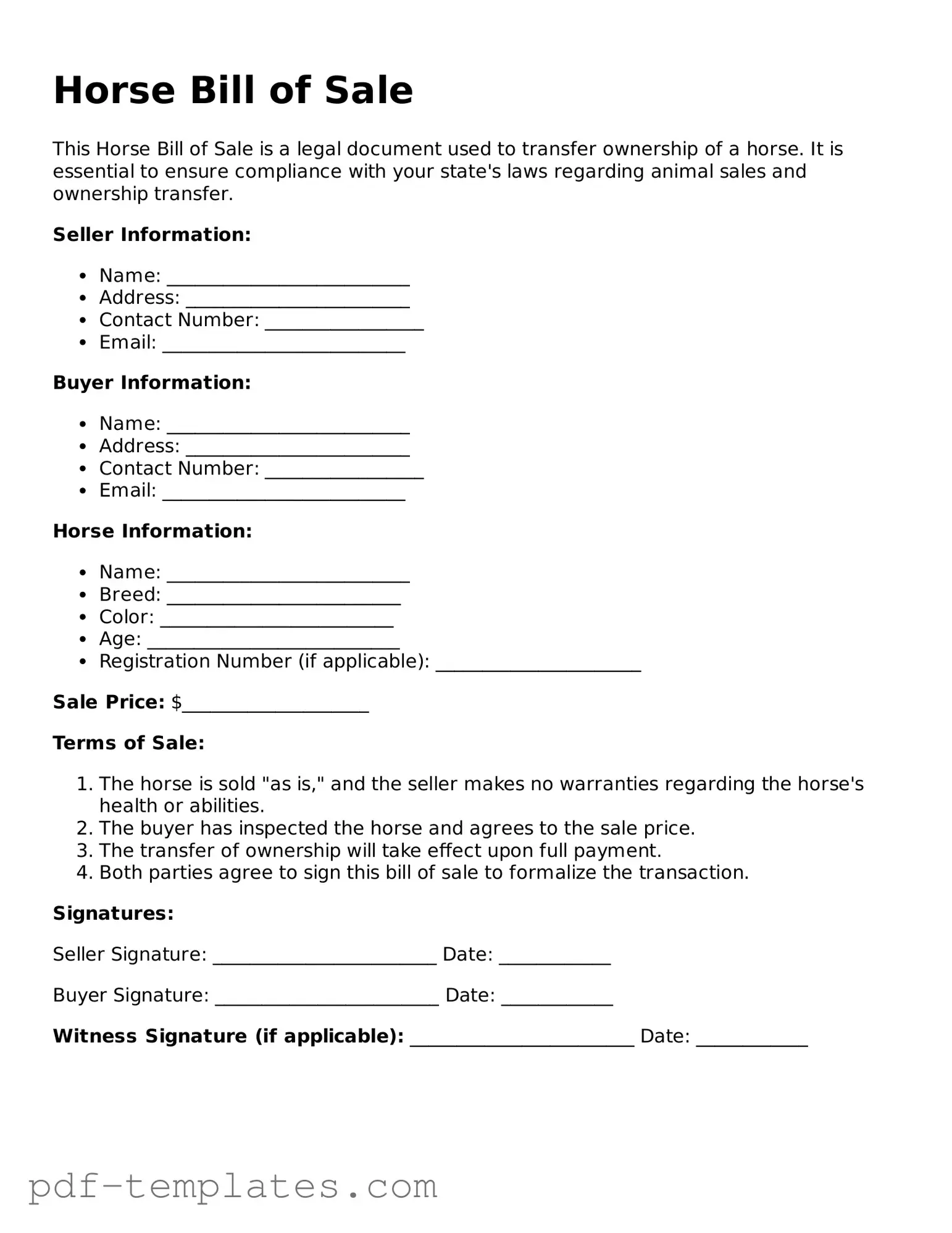 Horse Bill of Sale Document