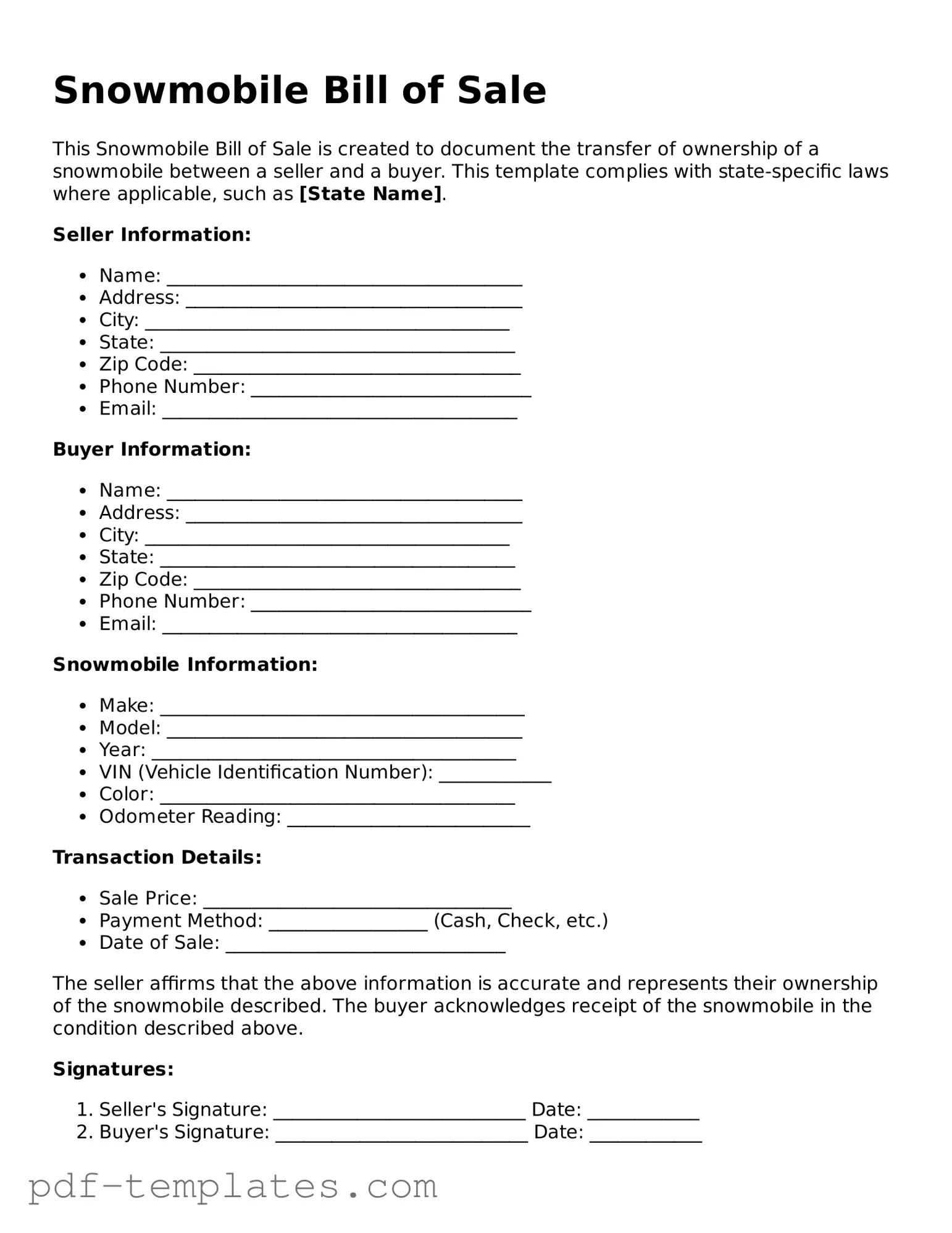 Snowmobile Bill of Sale Document