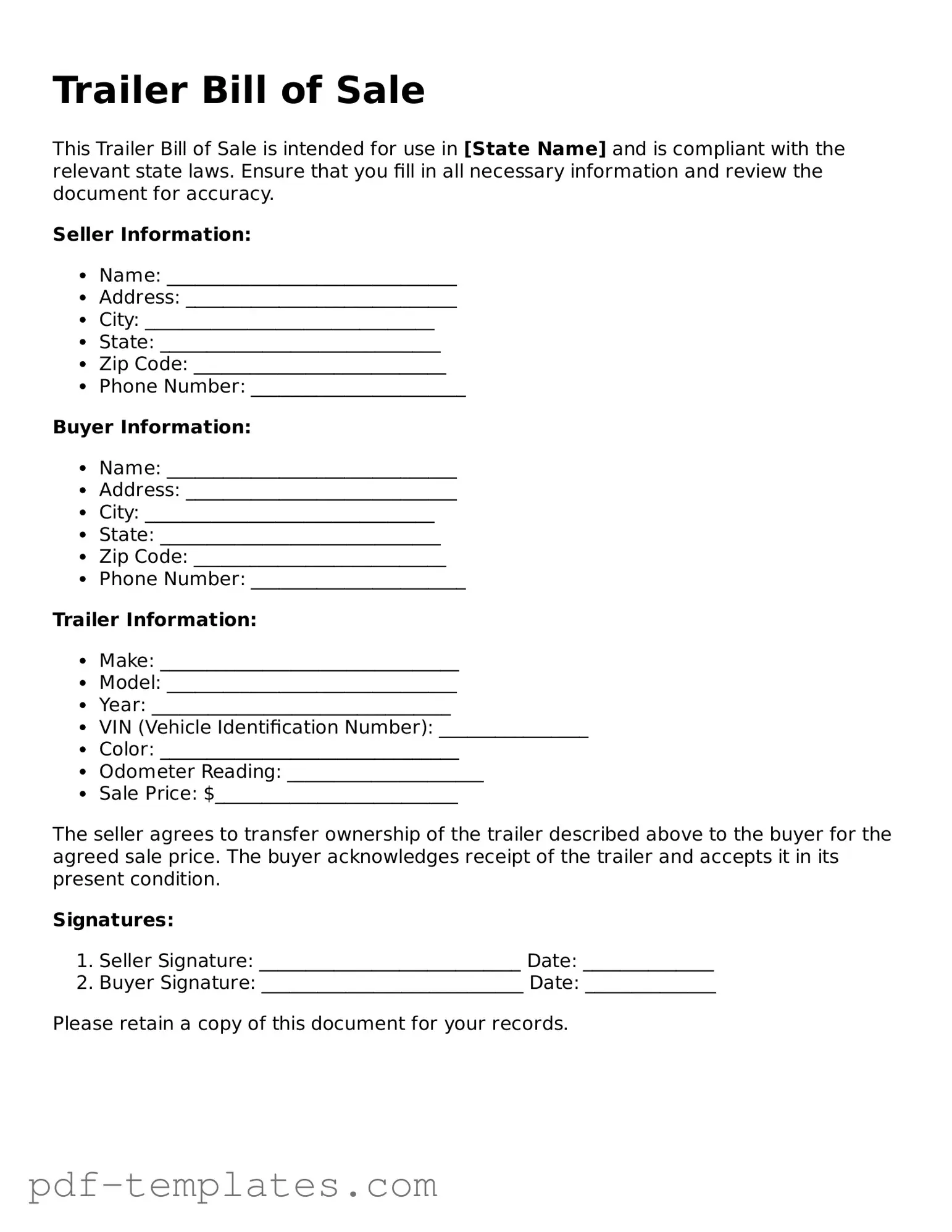 Trailer Bill of Sale Document