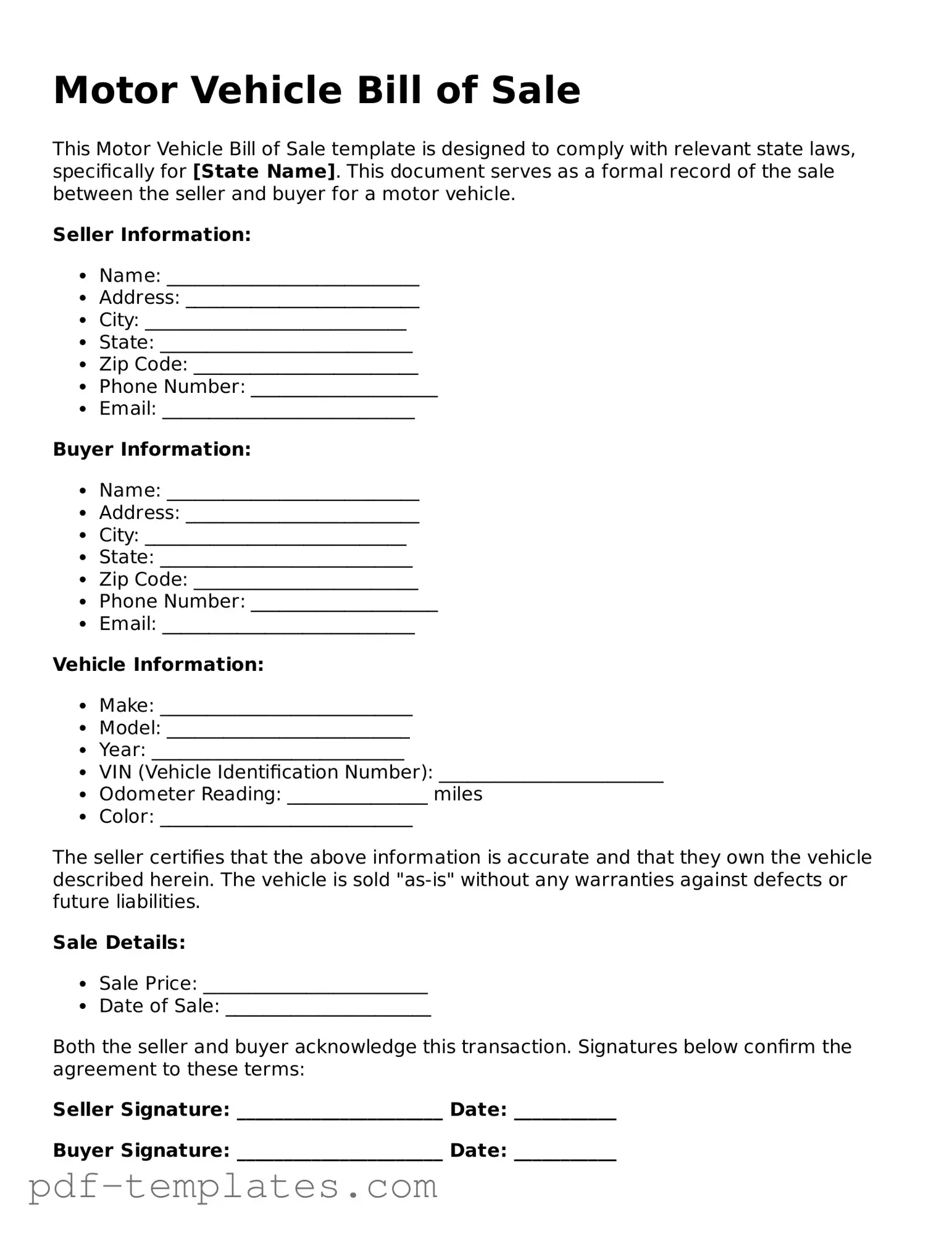 Motor Vehicle Bill of Sale Document
