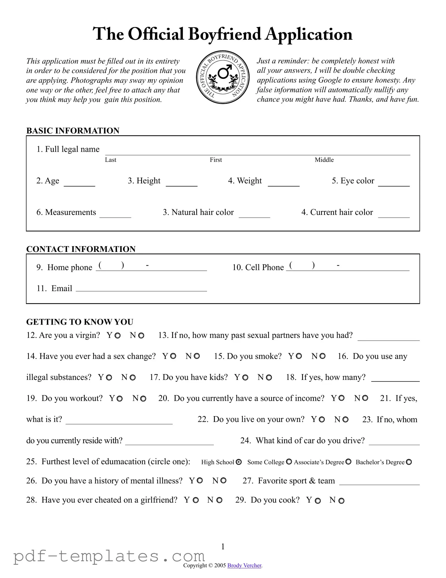 Get Boyfriend application form Form in PDF