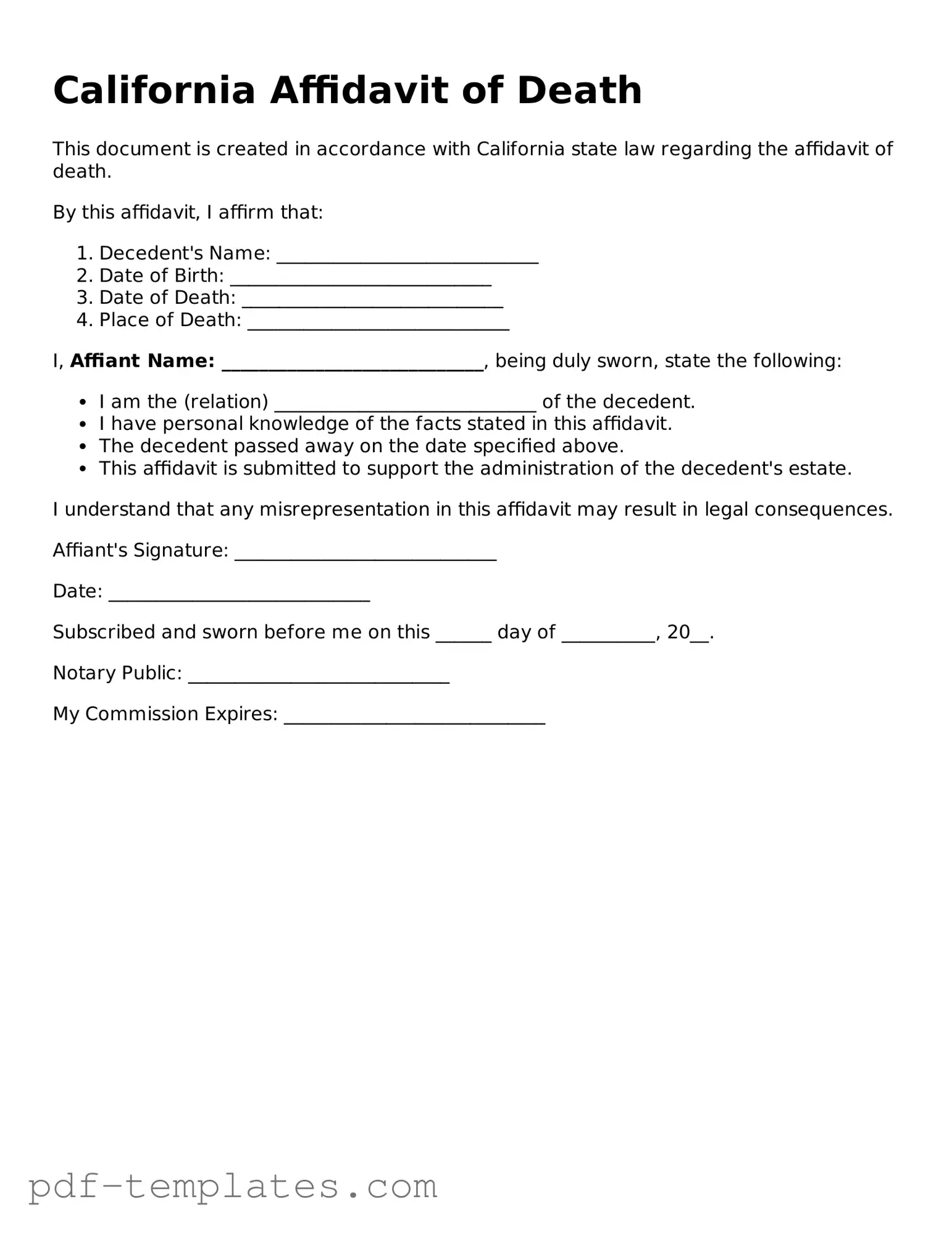 Official Affidavit of Death Template for California State