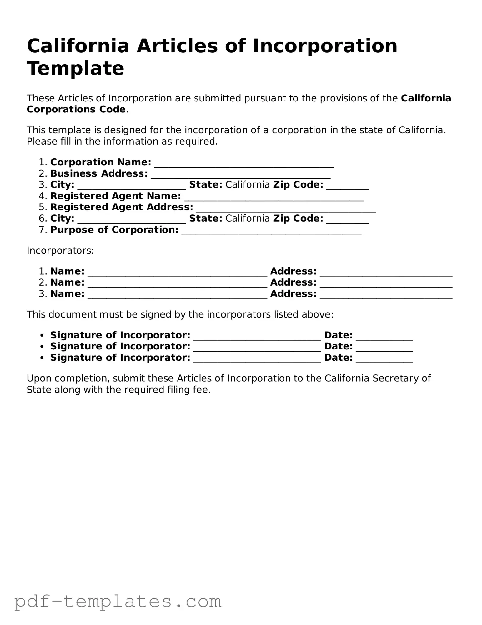 Official Articles of Incorporation Template for California State