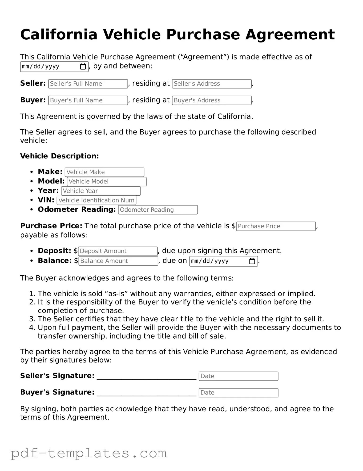 Official Vehicle Purchase Agreement Template for California State