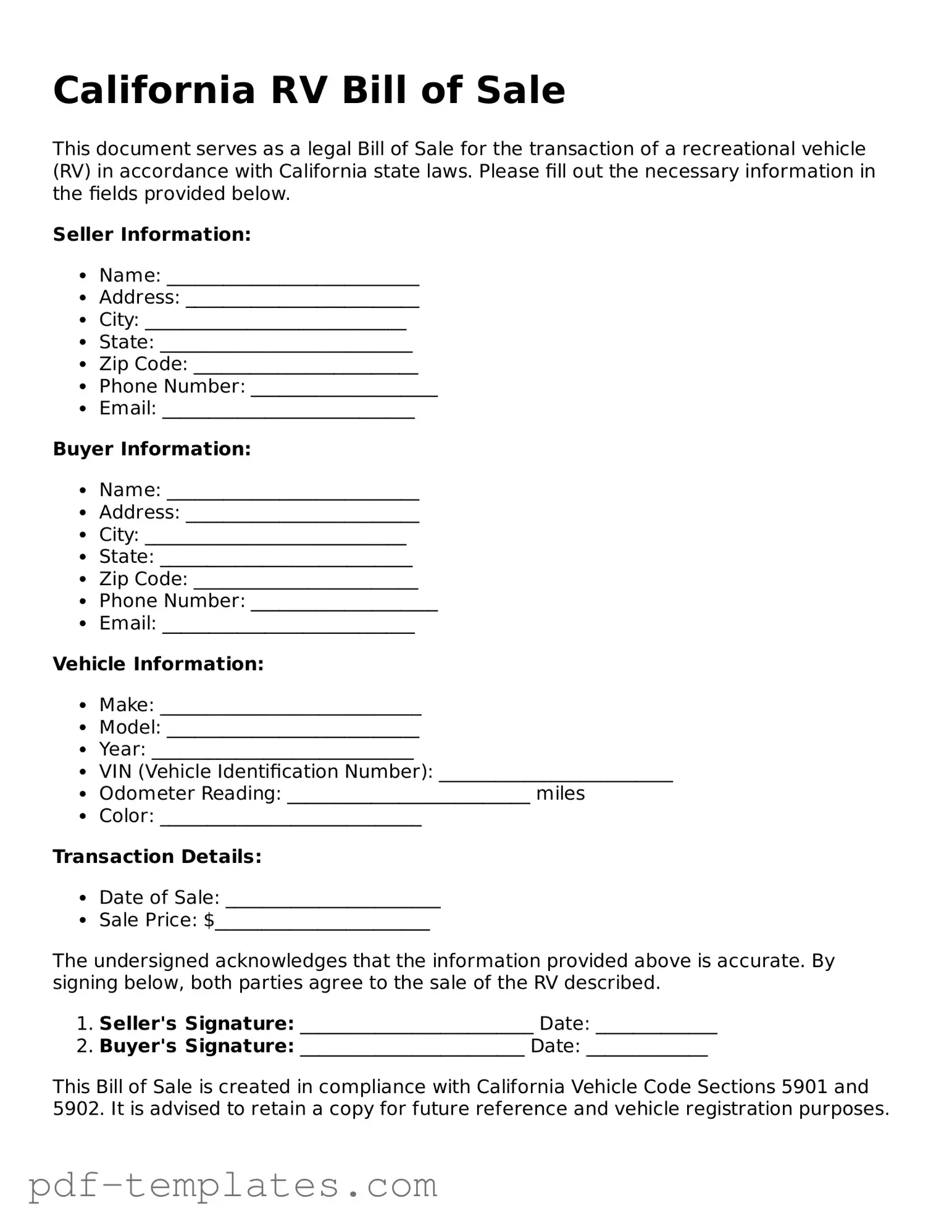 Official RV Bill of Sale Template for California State
