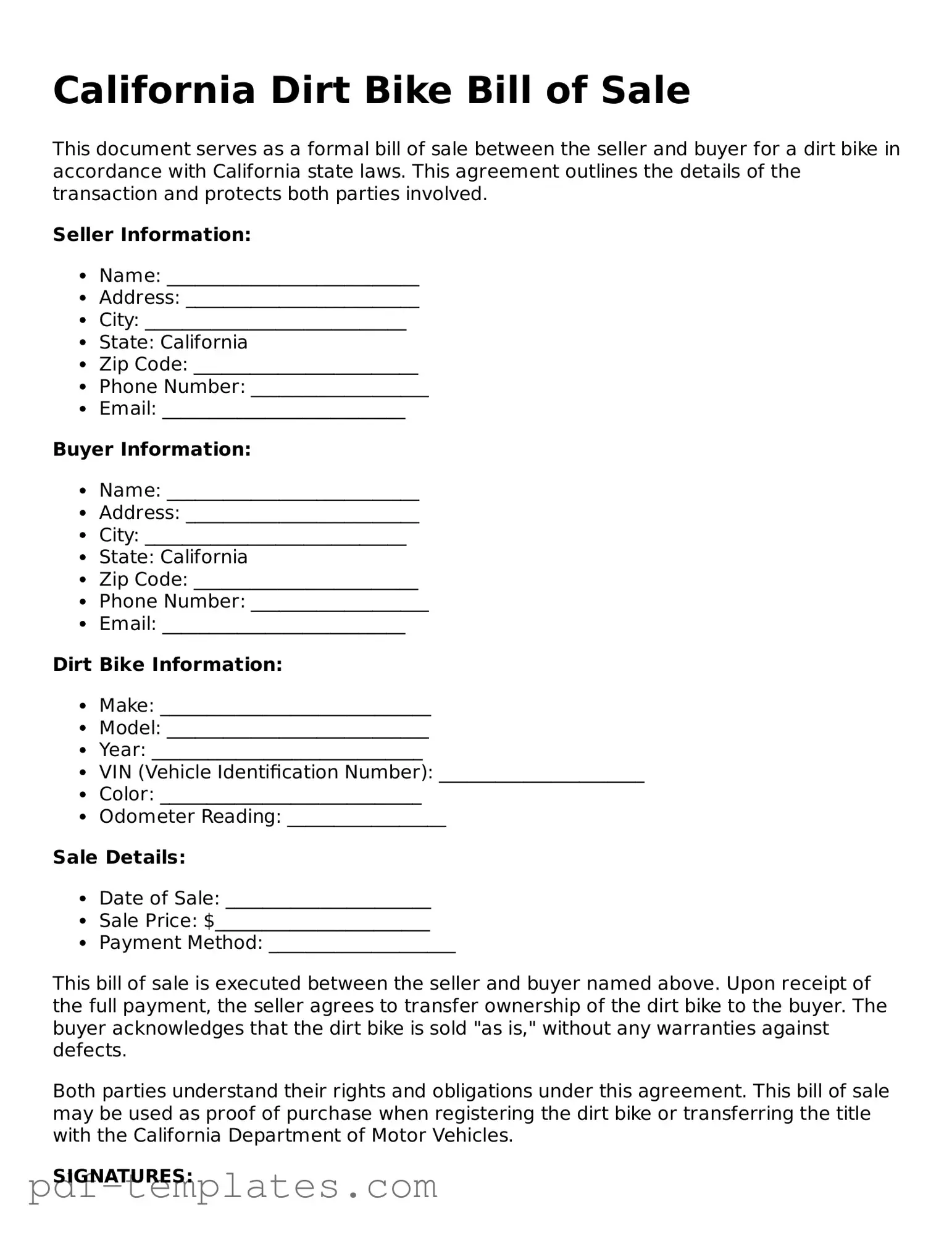 Official Dirt Bike Bill of Sale Template for California State