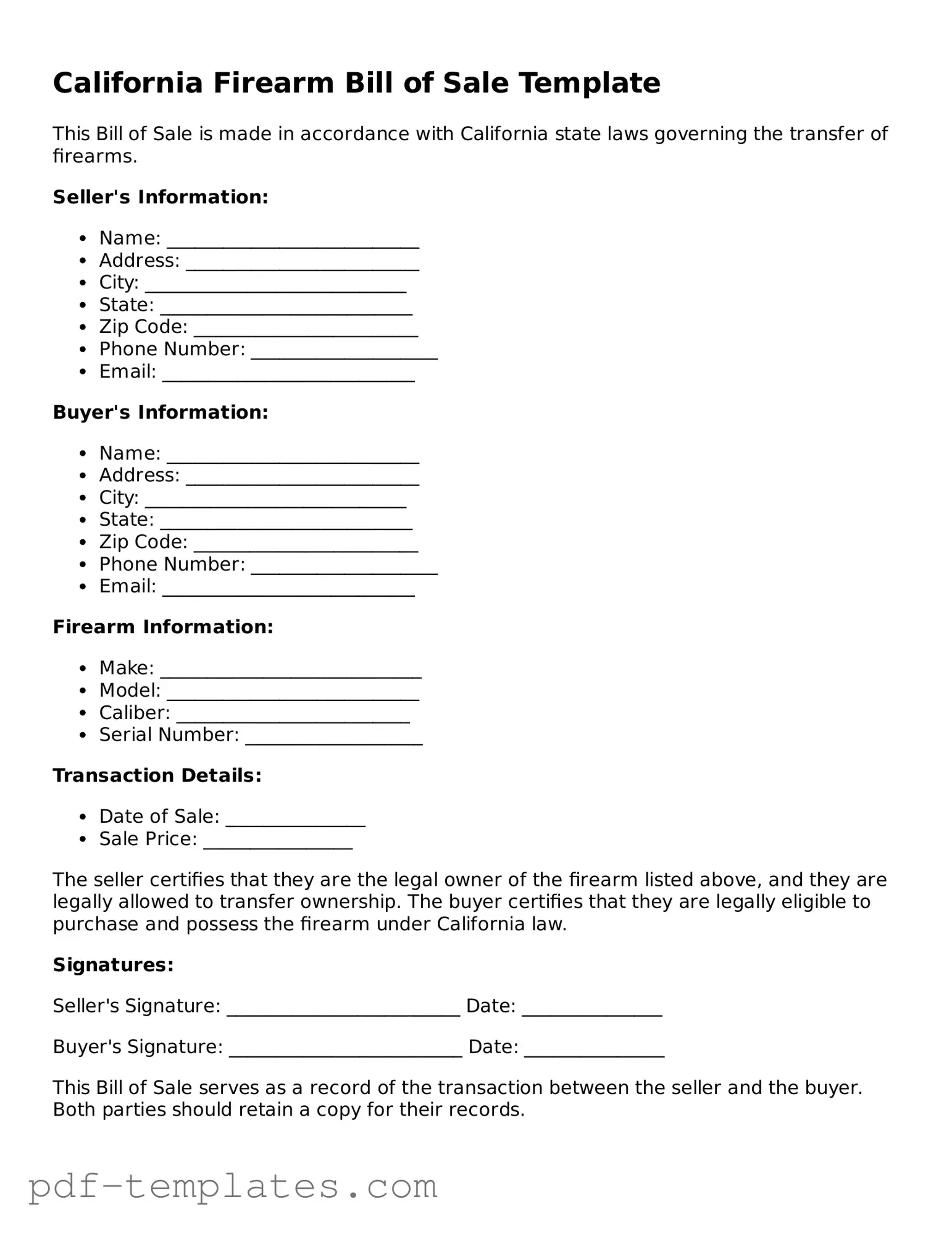 Official Firearm Bill of Sale Template for California State