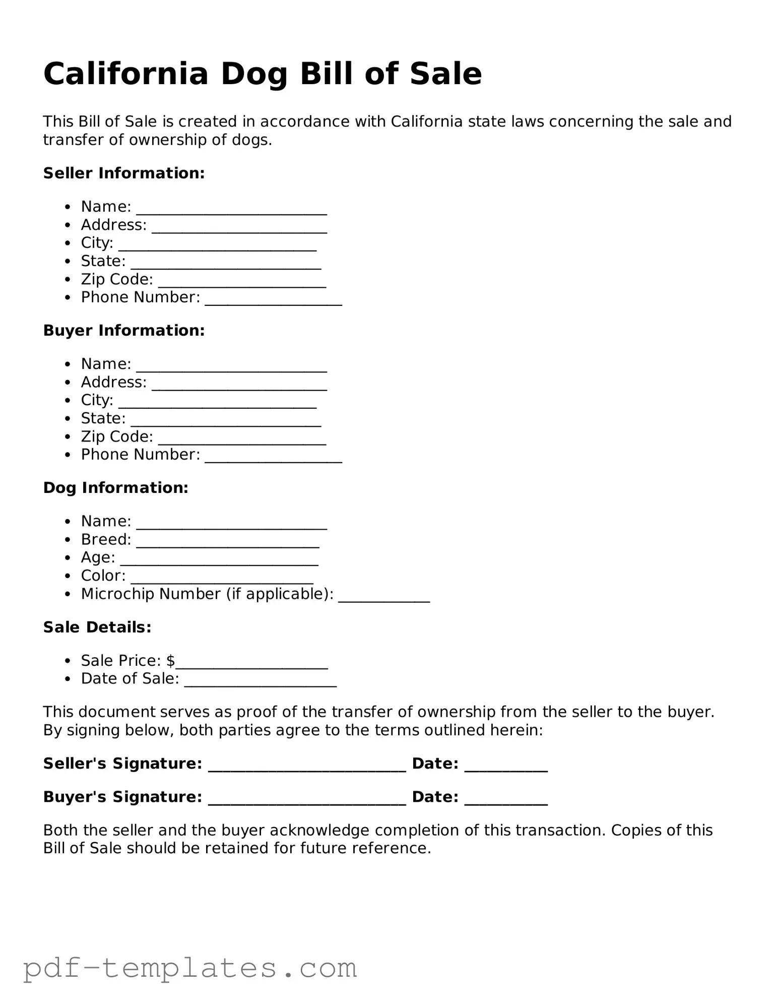 Official Dog Bill of Sale Template for California State