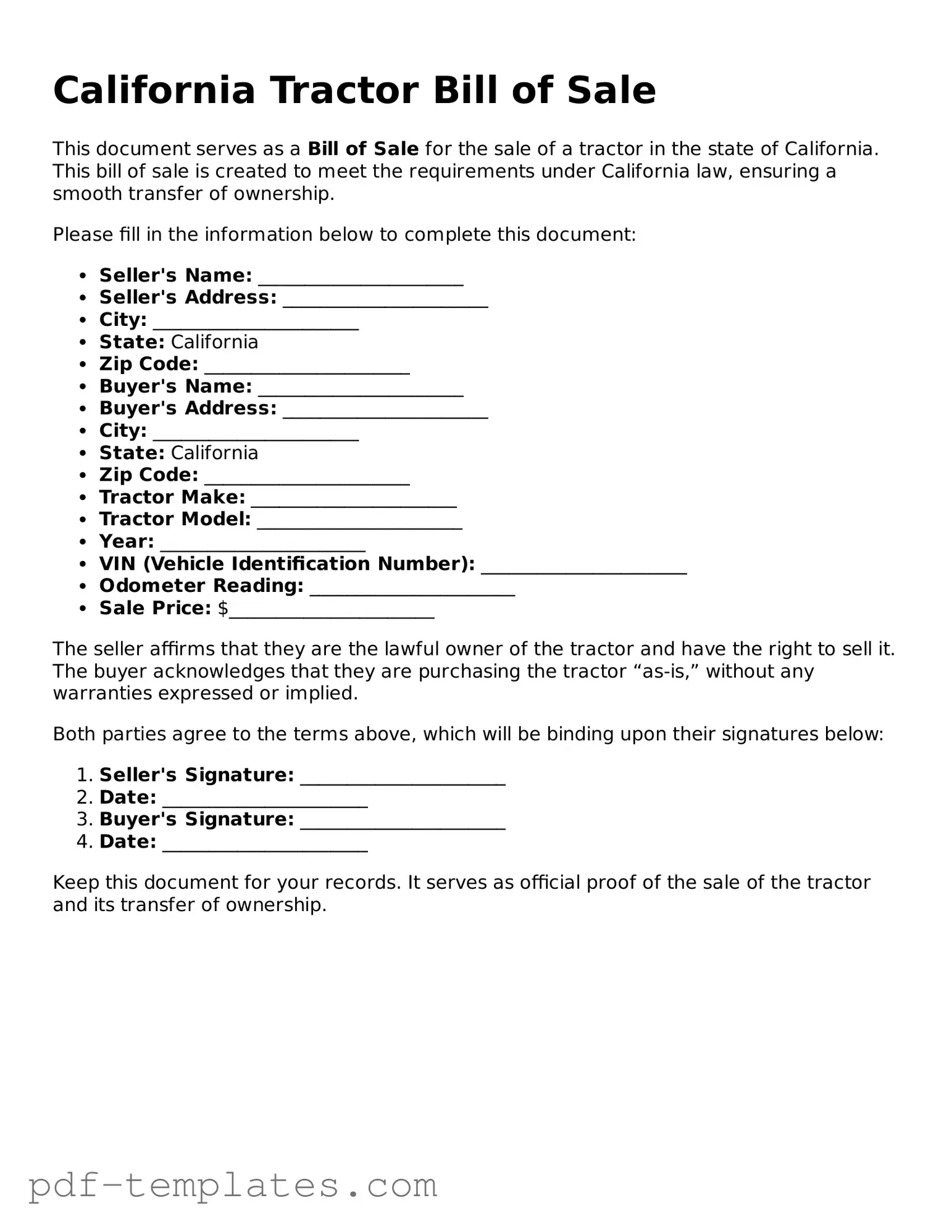 Official Tractor Bill of Sale Template for California State
