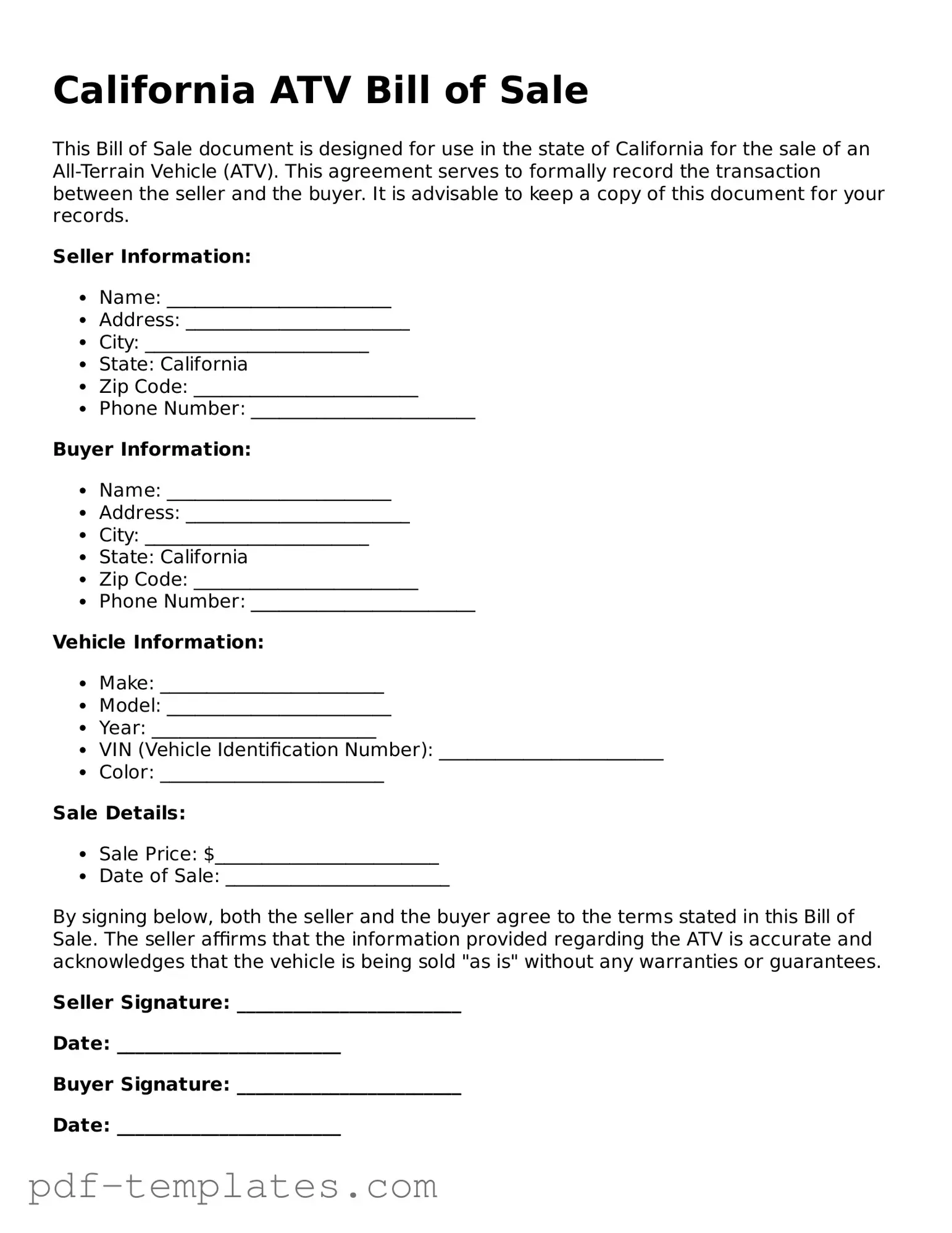 Official ATV Bill of Sale Template for California State