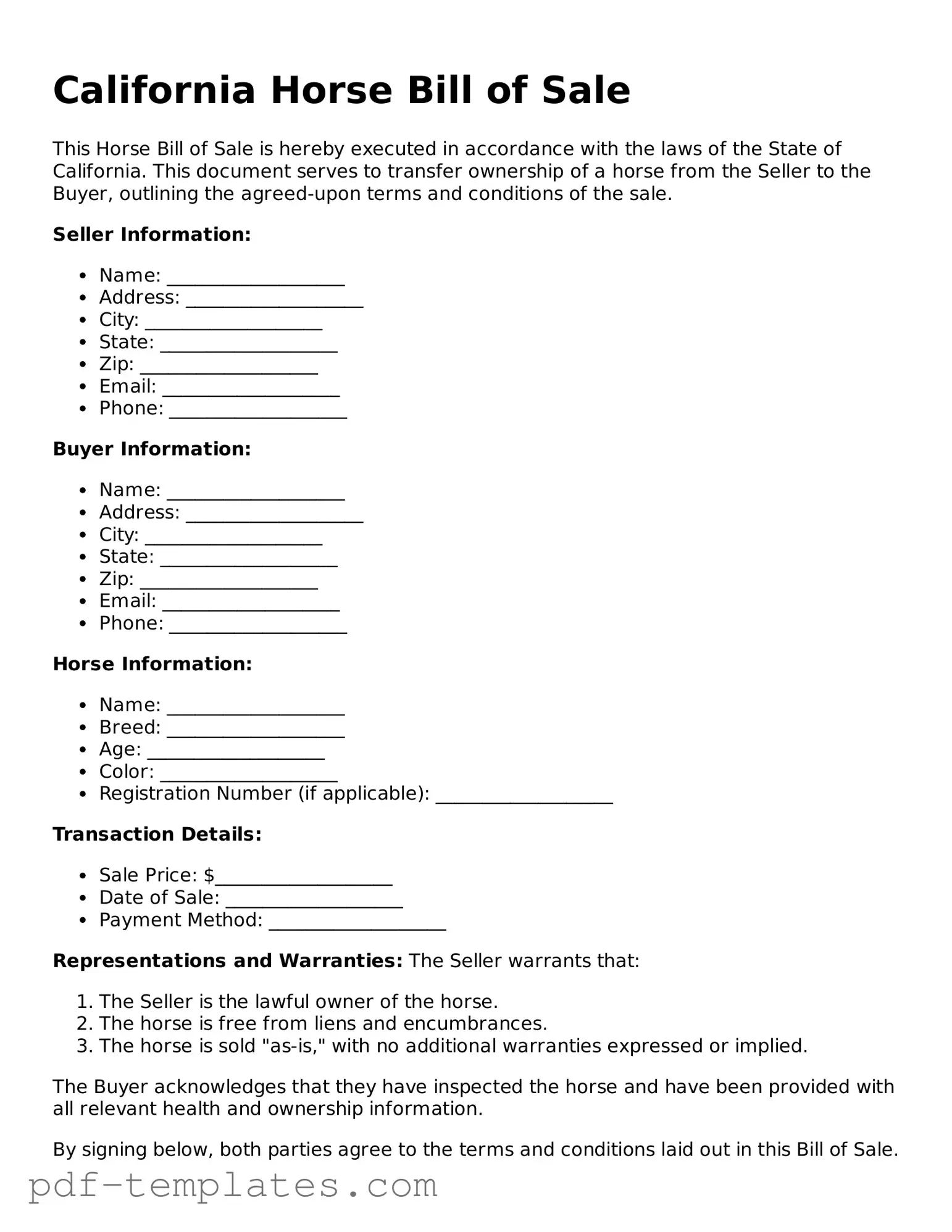 Official Horse Bill of Sale Template for California State