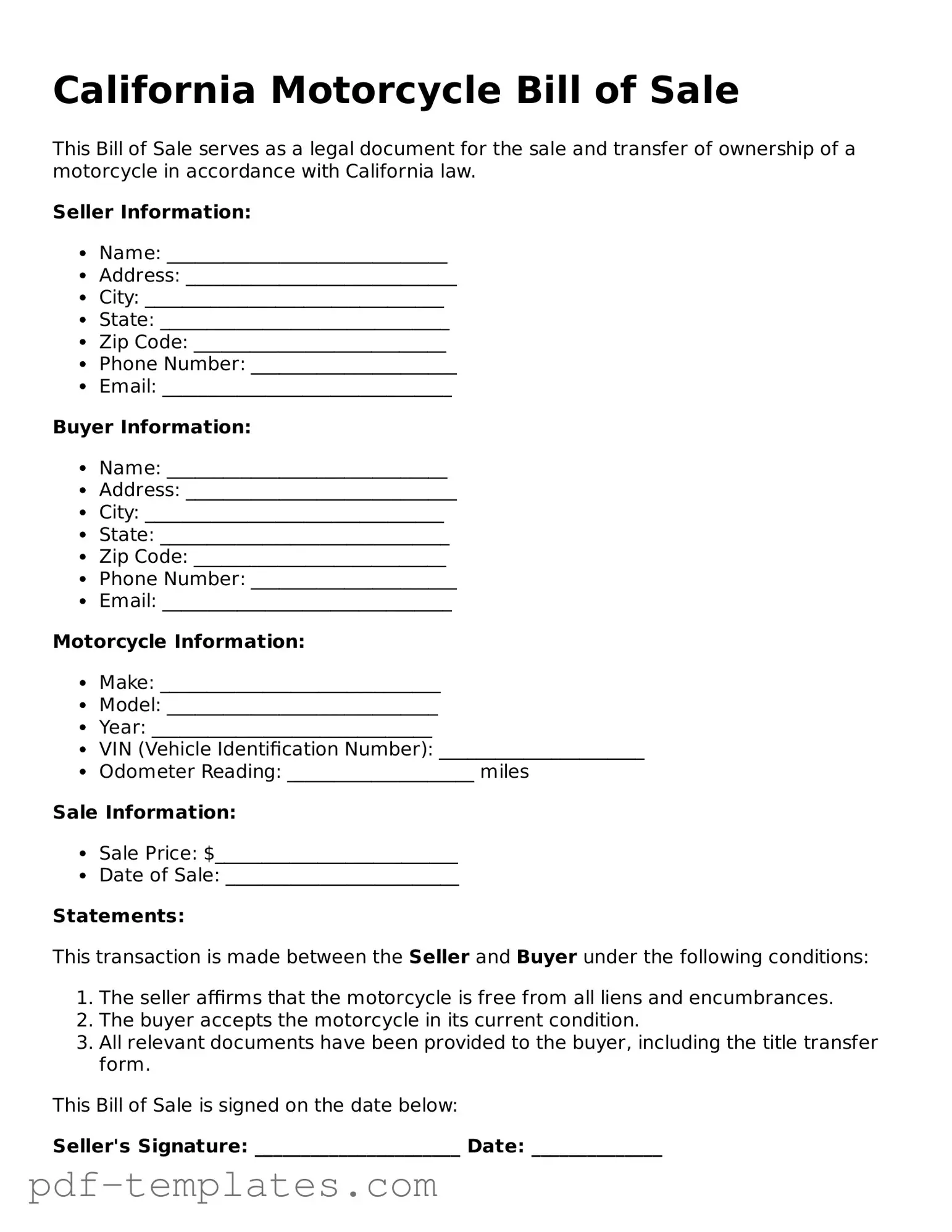 Official Motorcycle Bill of Sale Template for California State