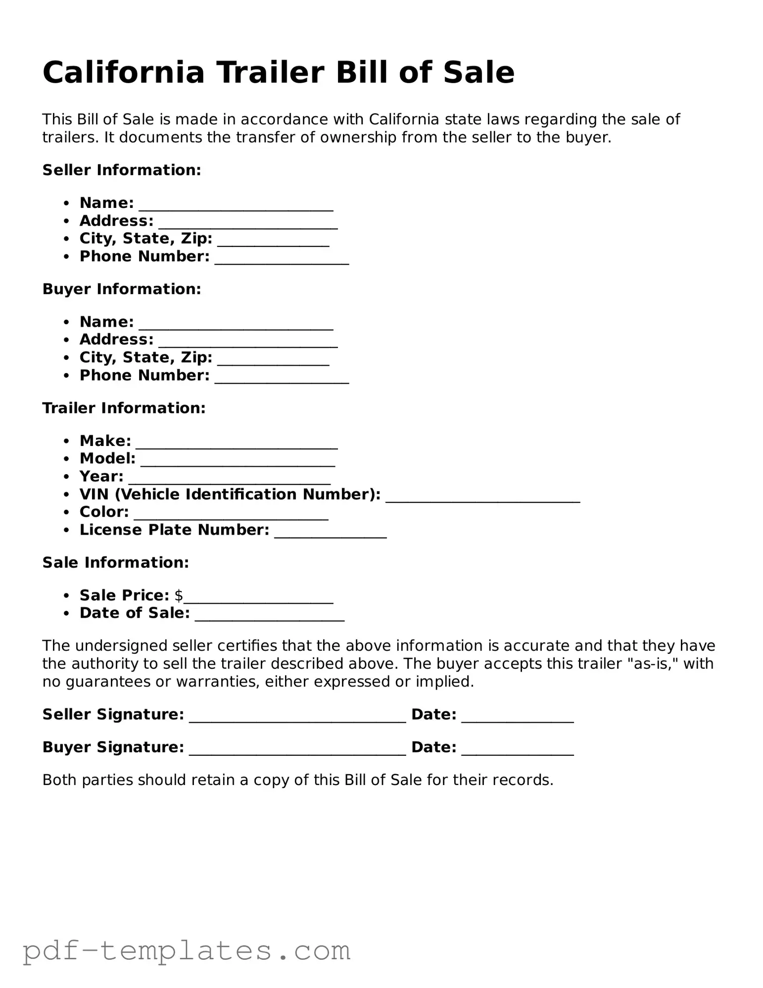 Official Trailer Bill of Sale Template for California State