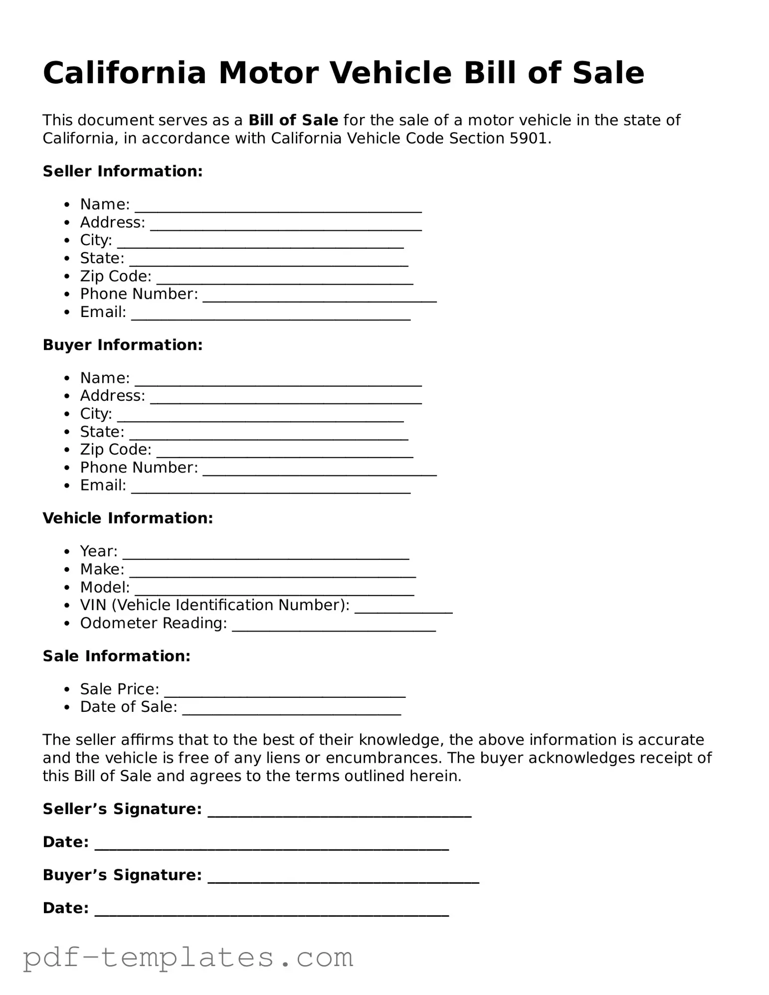Official Motor Vehicle Bill of Sale Template for California State