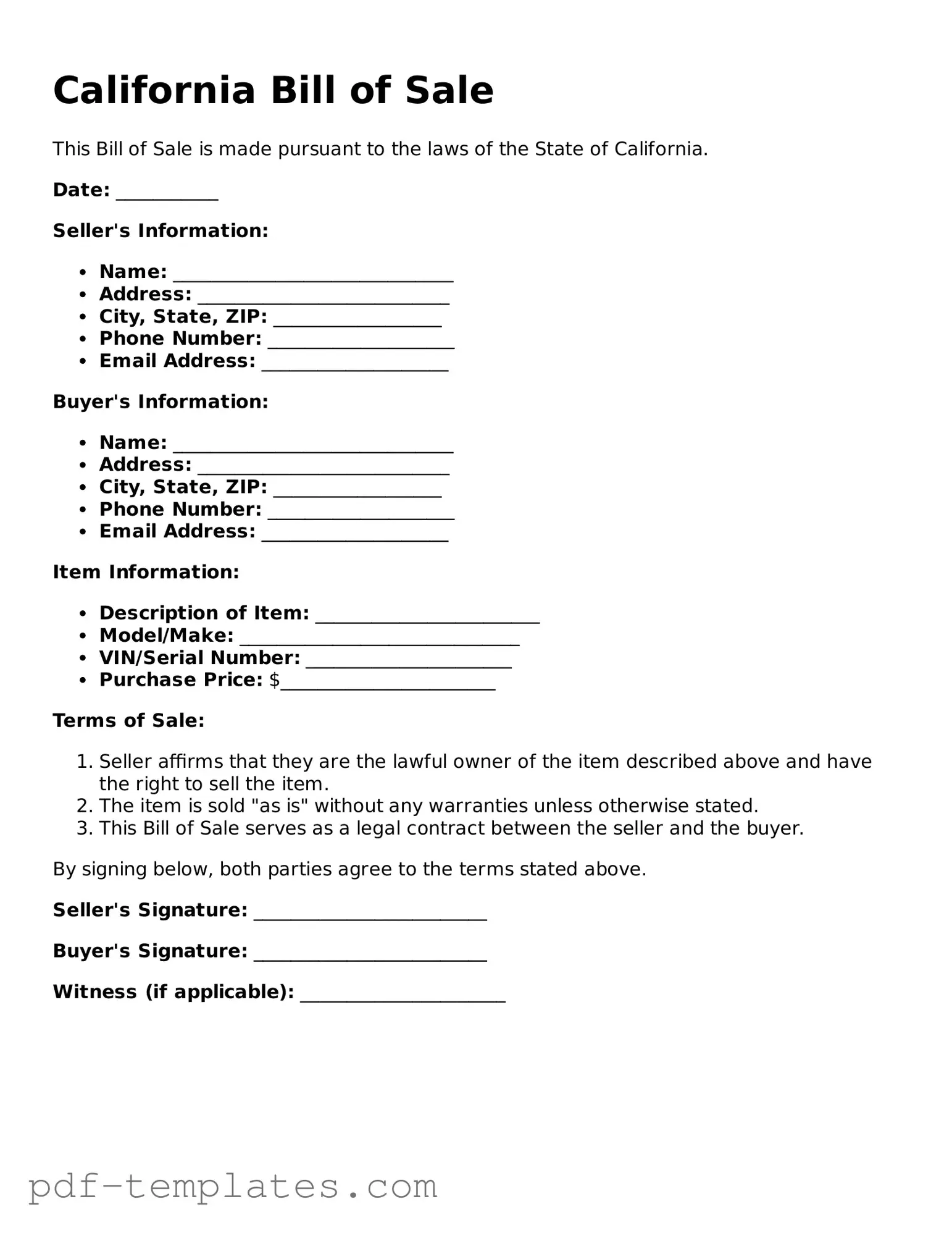 Official Bill of Sale Template for California State