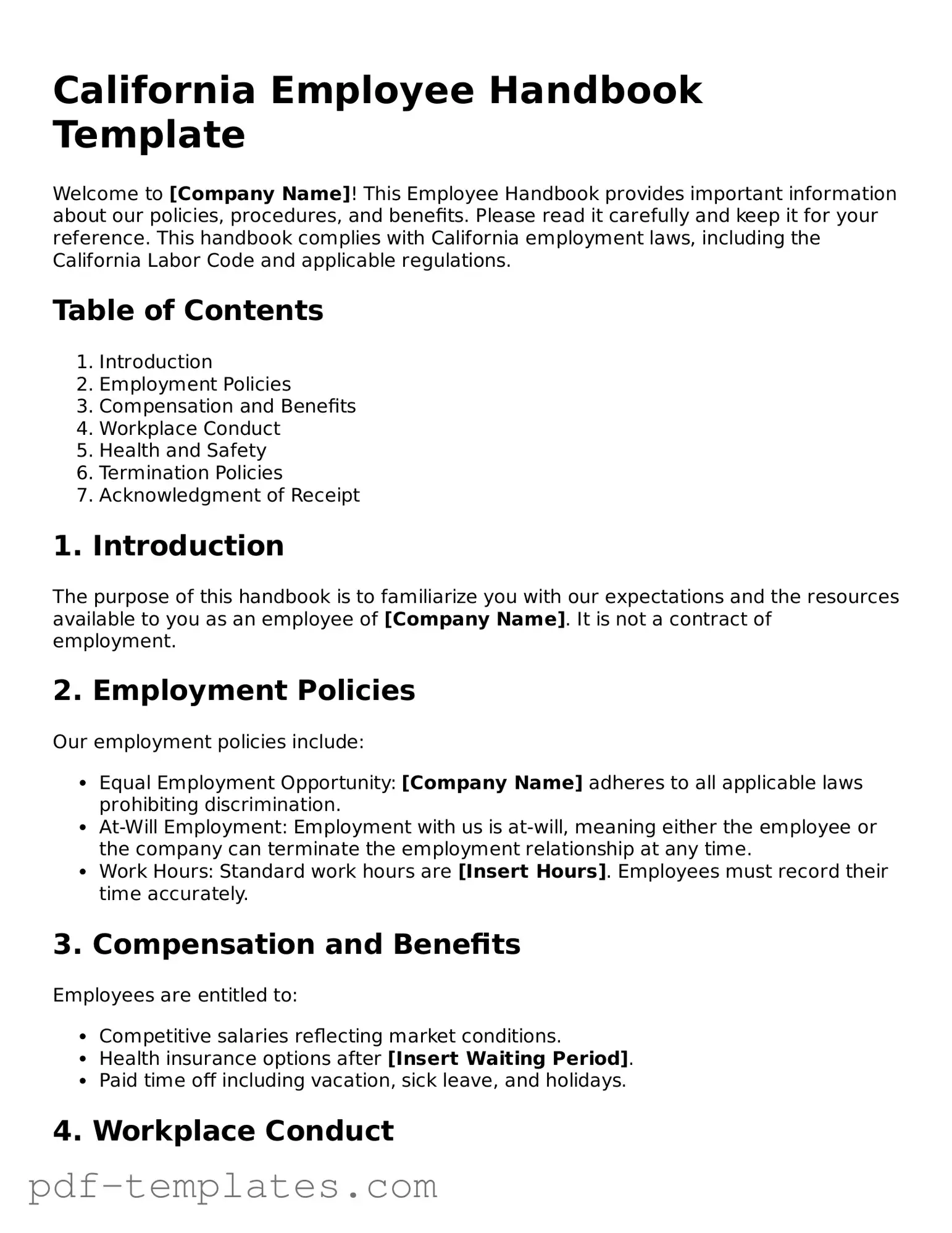 Official Employee Handbook Template for California State