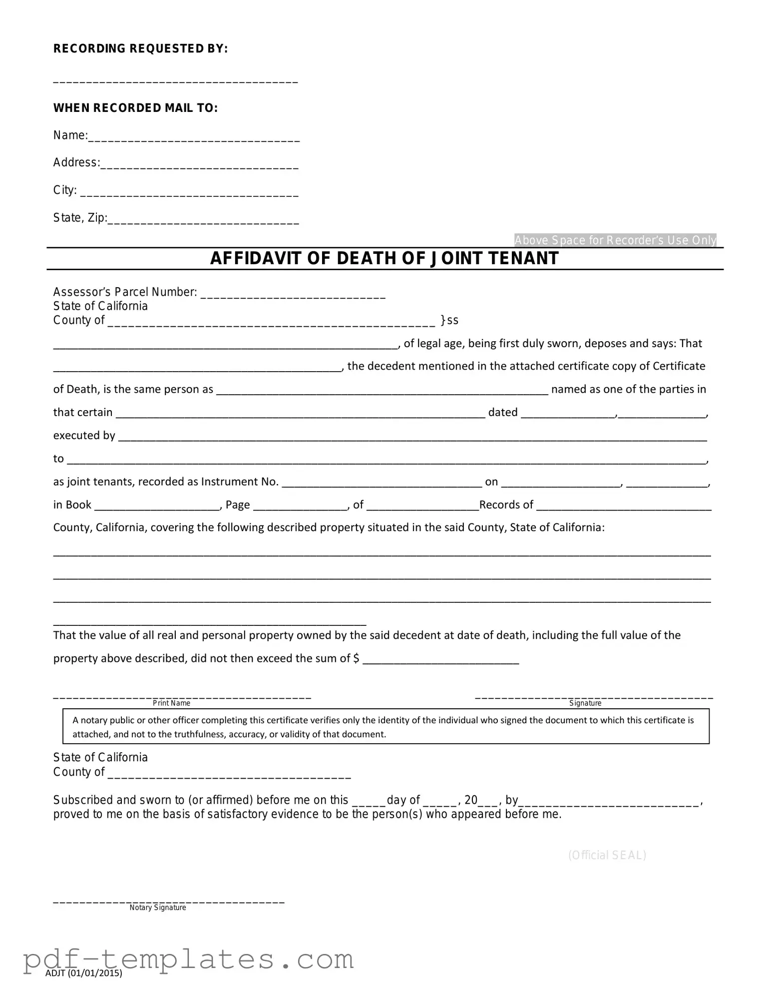 Get California Death of a Joint Tenant Affidavit Form in PDF