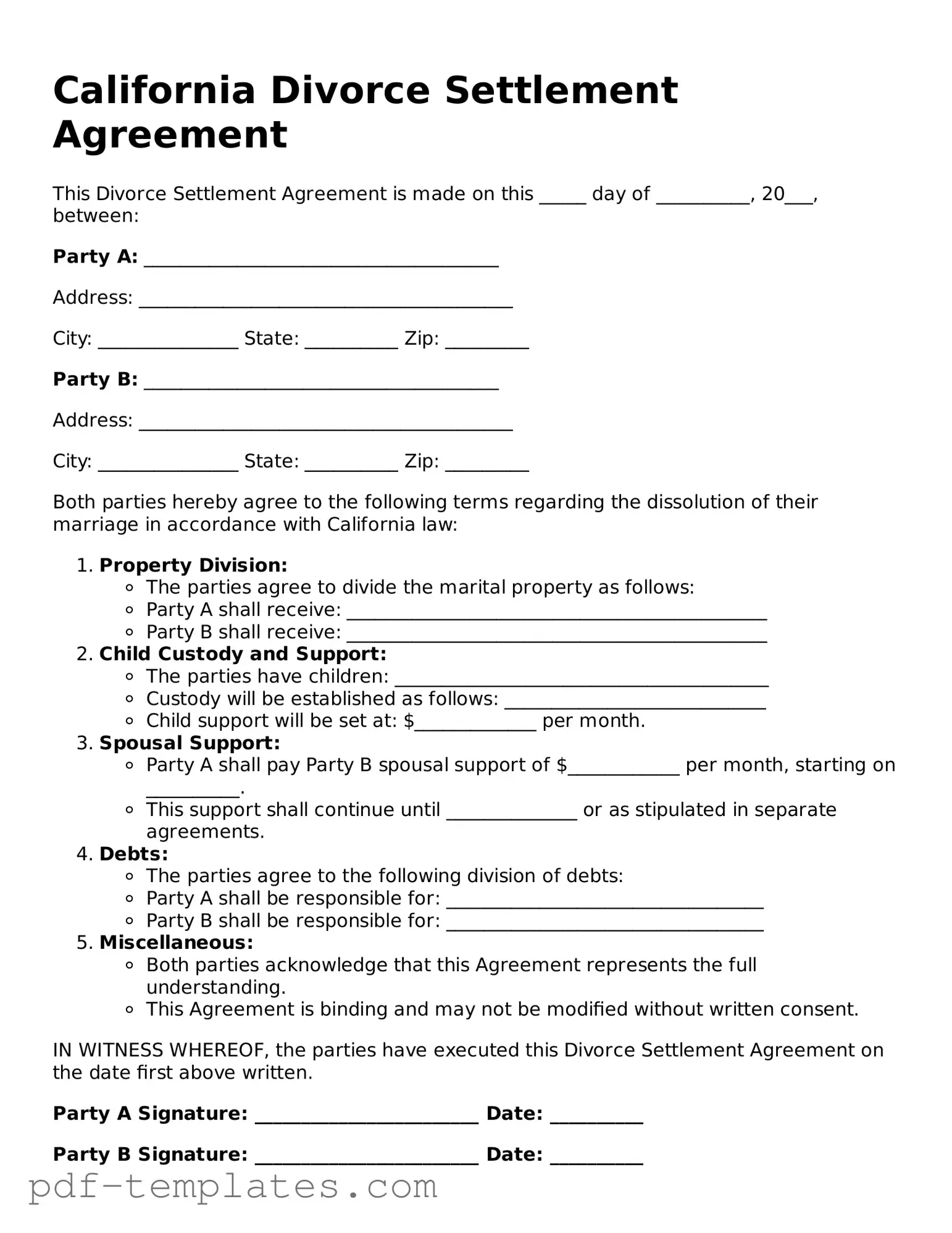 Official Divorce Settlement Agreement Template for California State