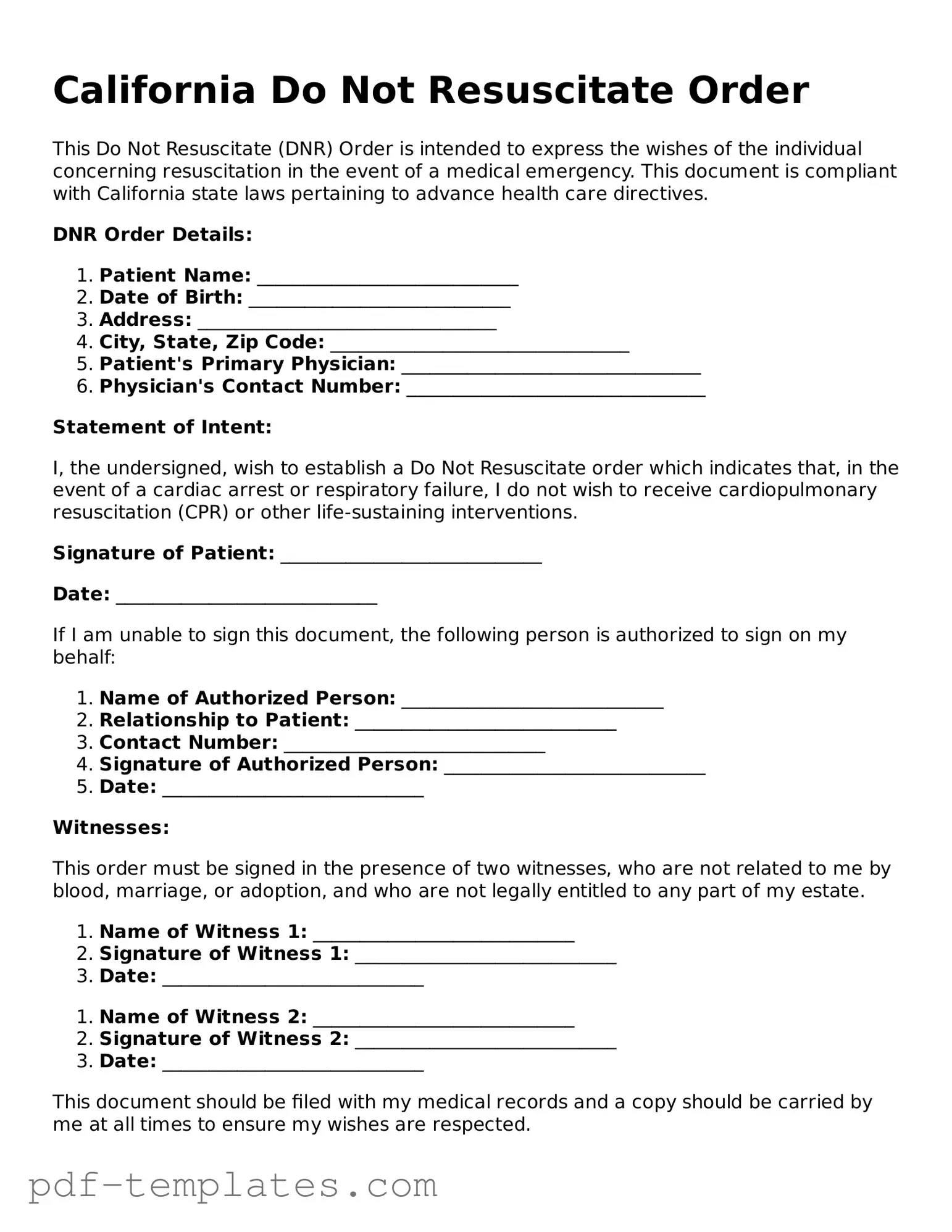Official Do Not Resuscitate Order Template for California State