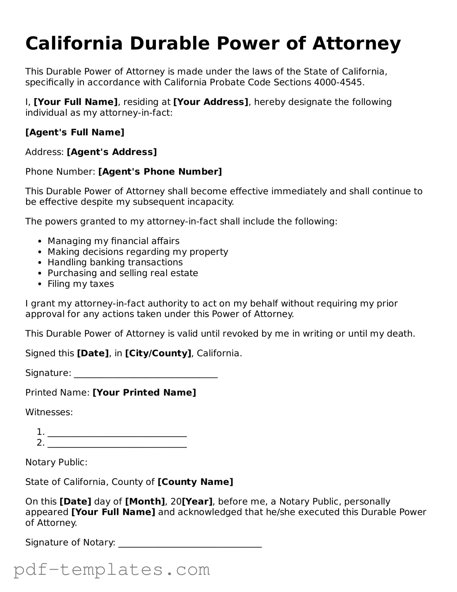 Official Durable Power of Attorney Template for California State