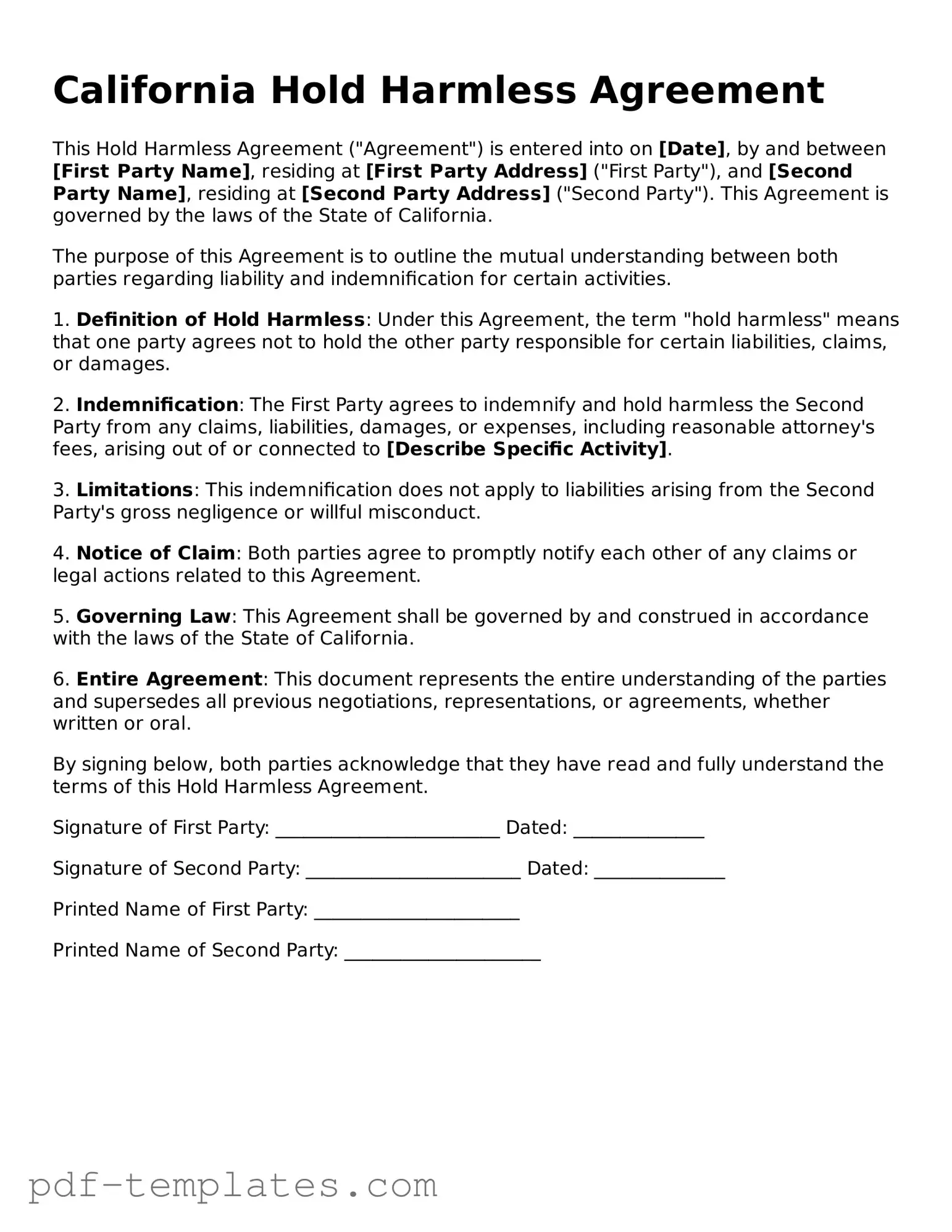 Official Hold Harmless Agreement Template for California State
