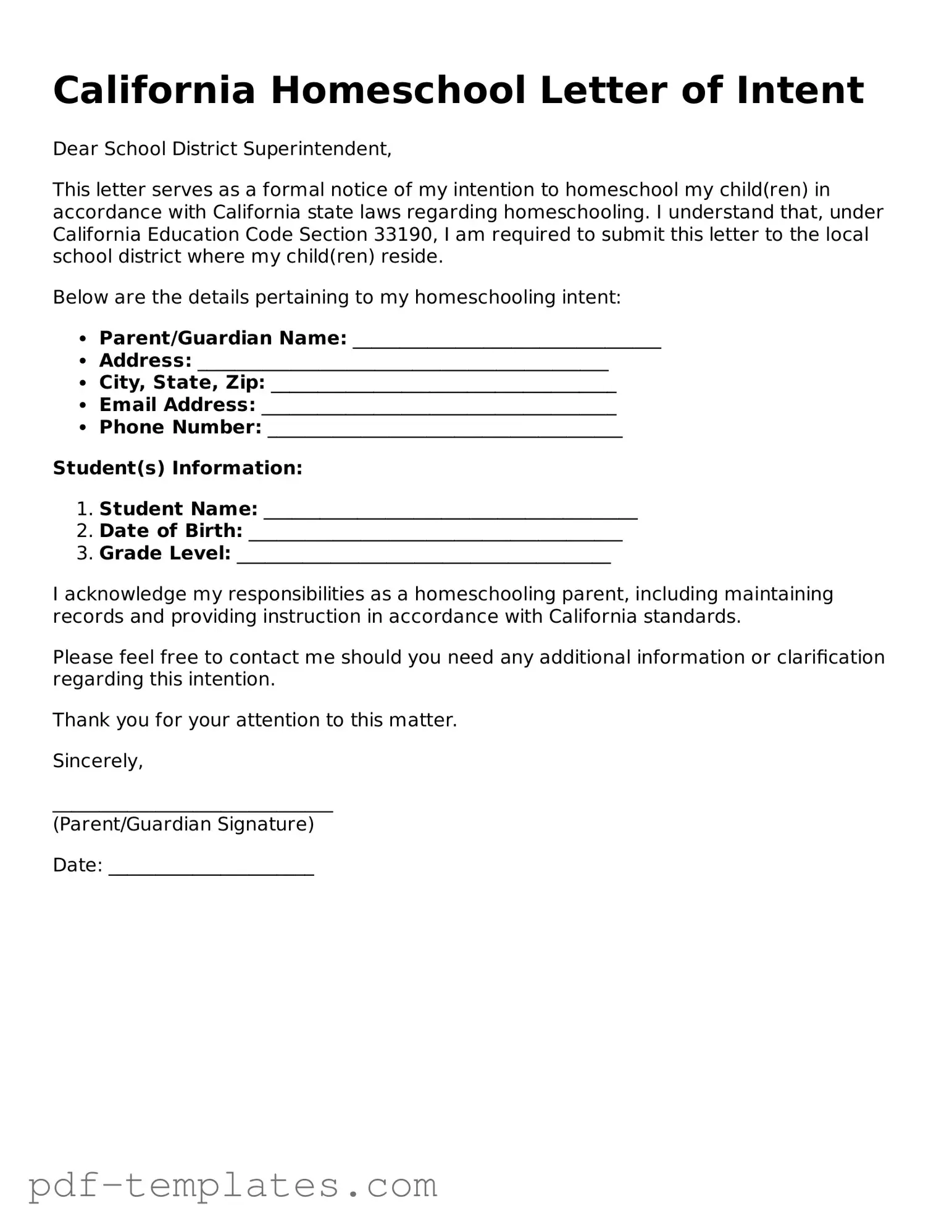 Official Homeschool Letter of Intent Template for California State