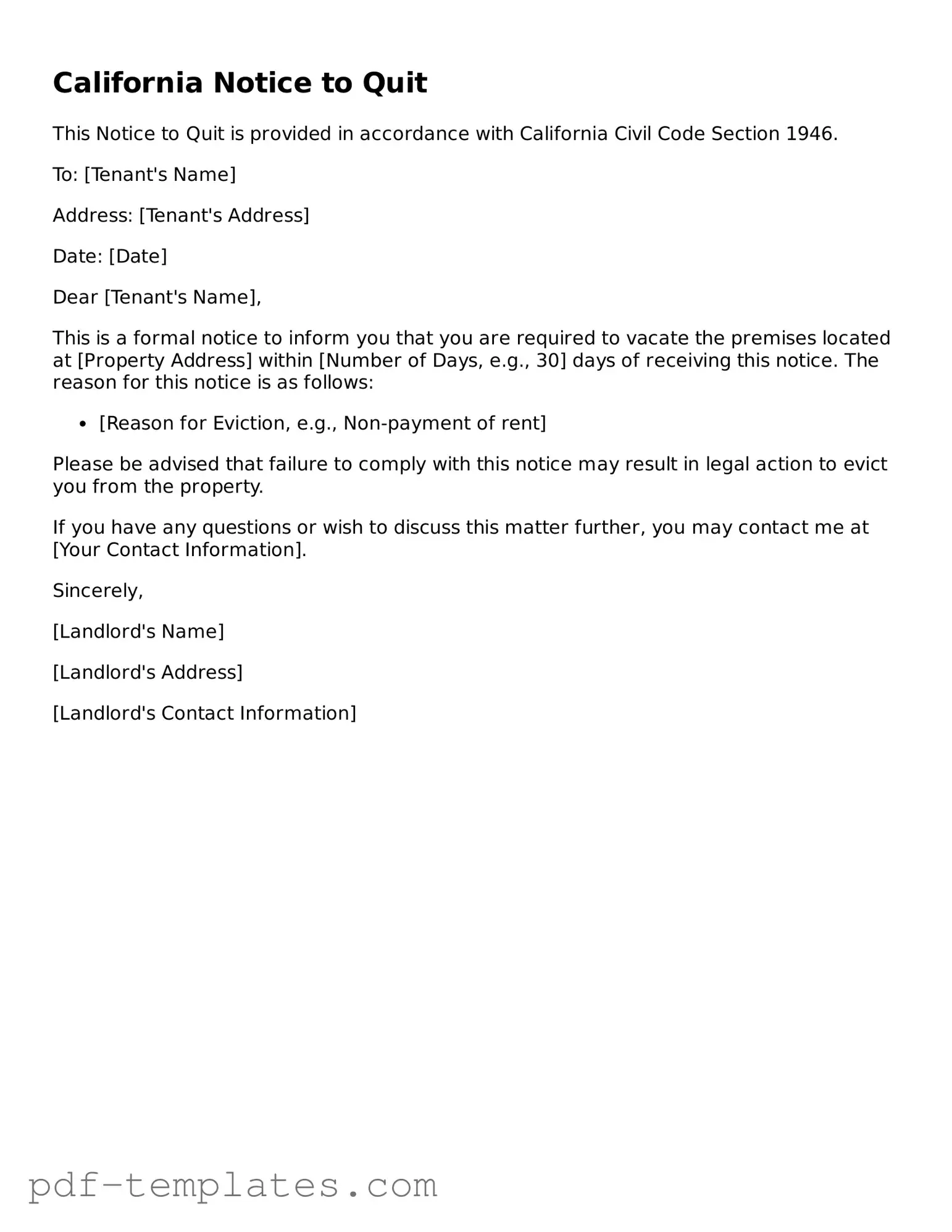 Official Notice to Quit Template for California State