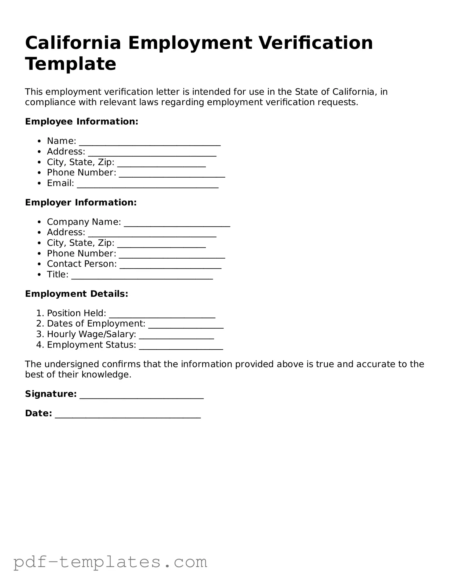 Official Employment Verification Template for California State