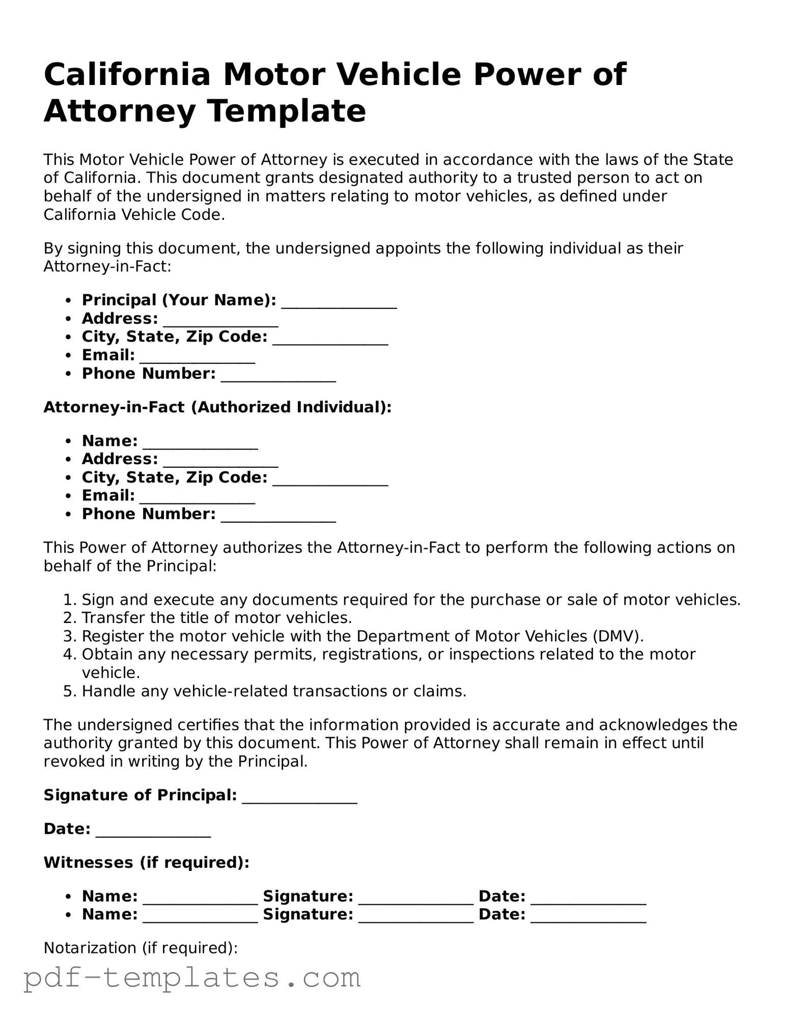 Official Motor Vehicle Power of Attorney Template for California State