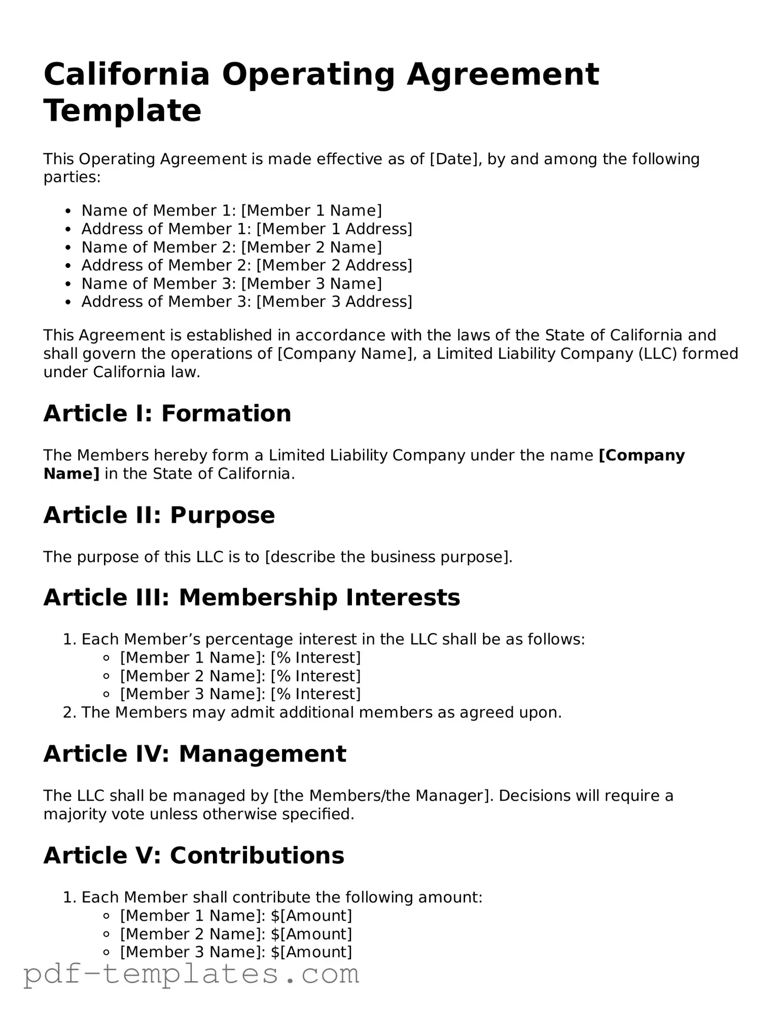 Official Operating Agreement Template for California State