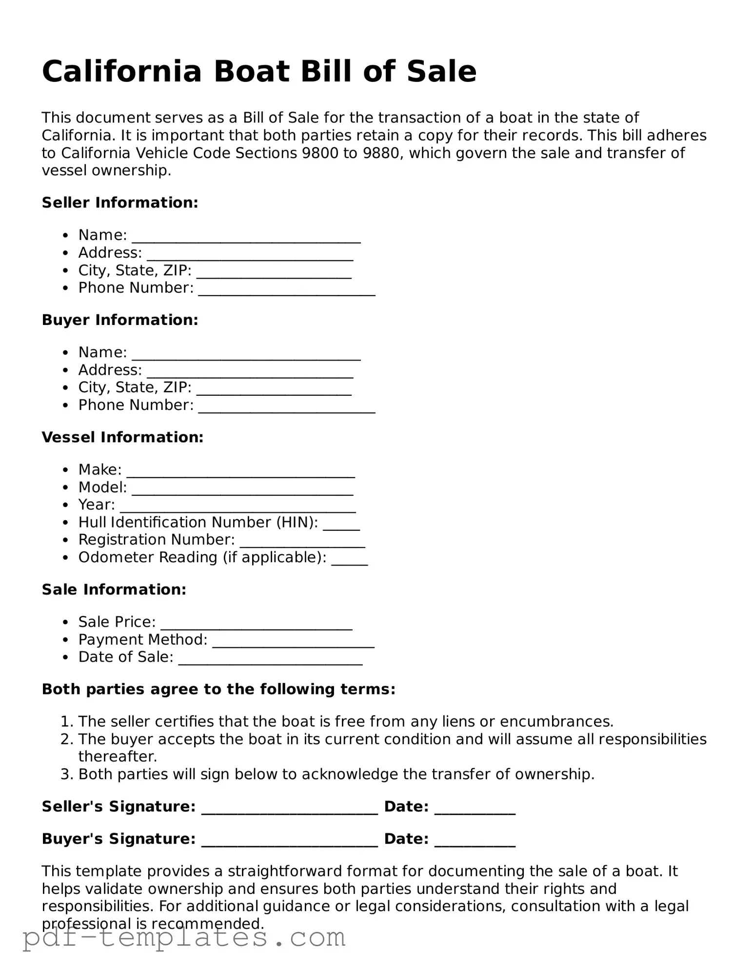 Official Boat Bill of Sale Template for California State