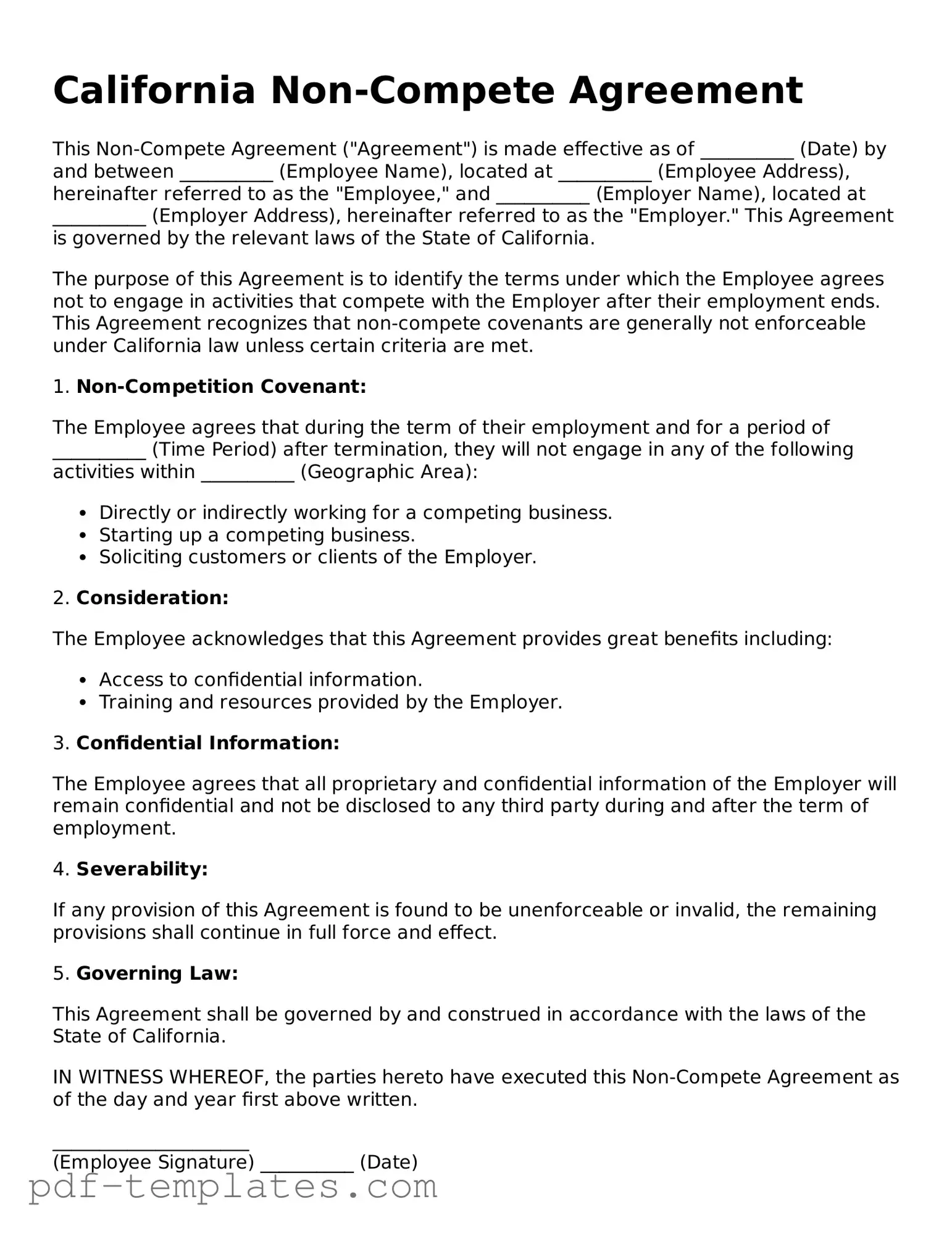 Official Non-compete Agreement Template for California State