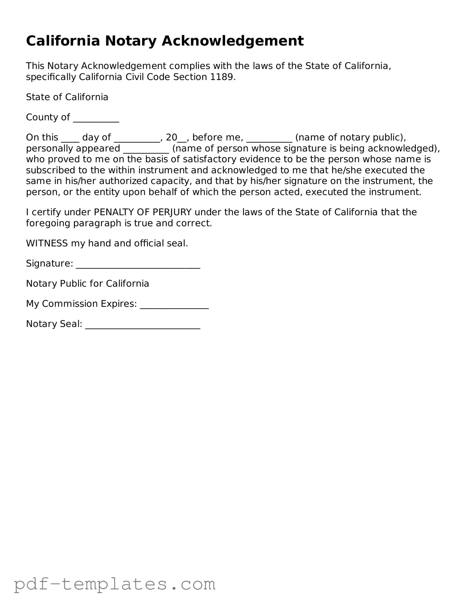 Official Notary Acknowledgement Template for California State