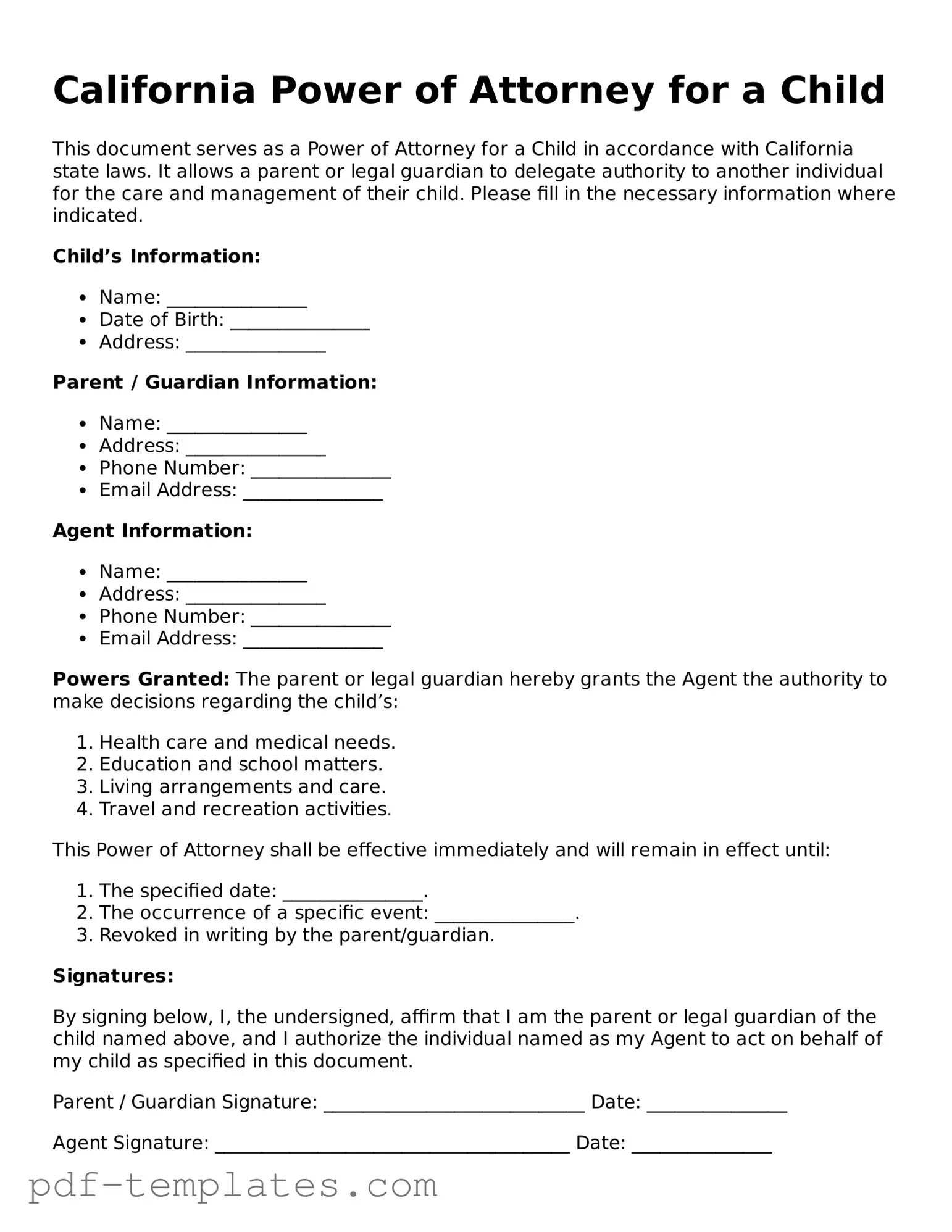 Official Power of Attorney for a Child Template for California State