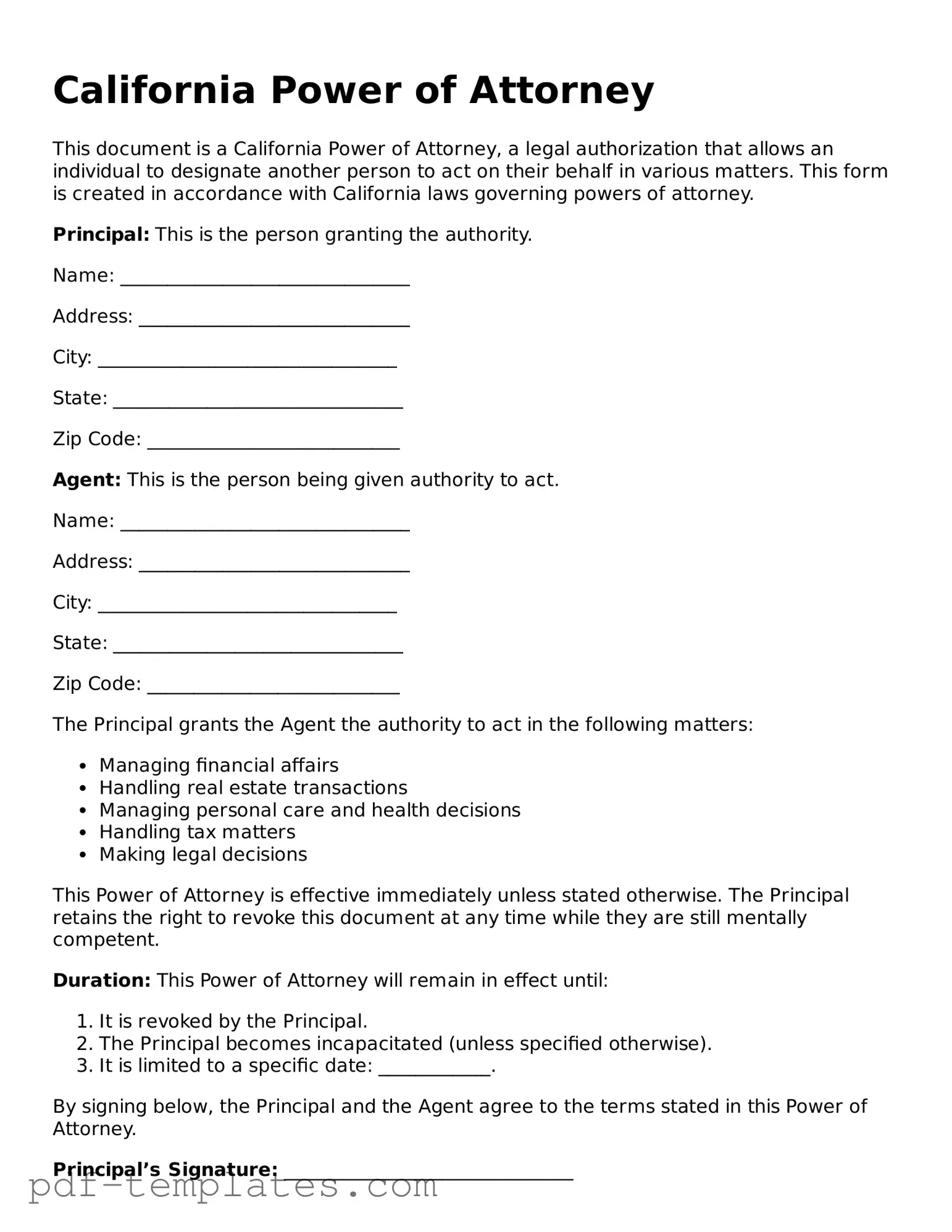 Official Power of Attorney Template for California State