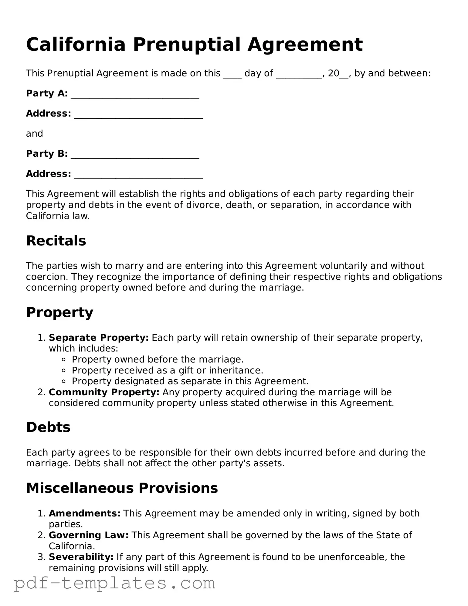 Official Prenuptial Agreement Template for California State