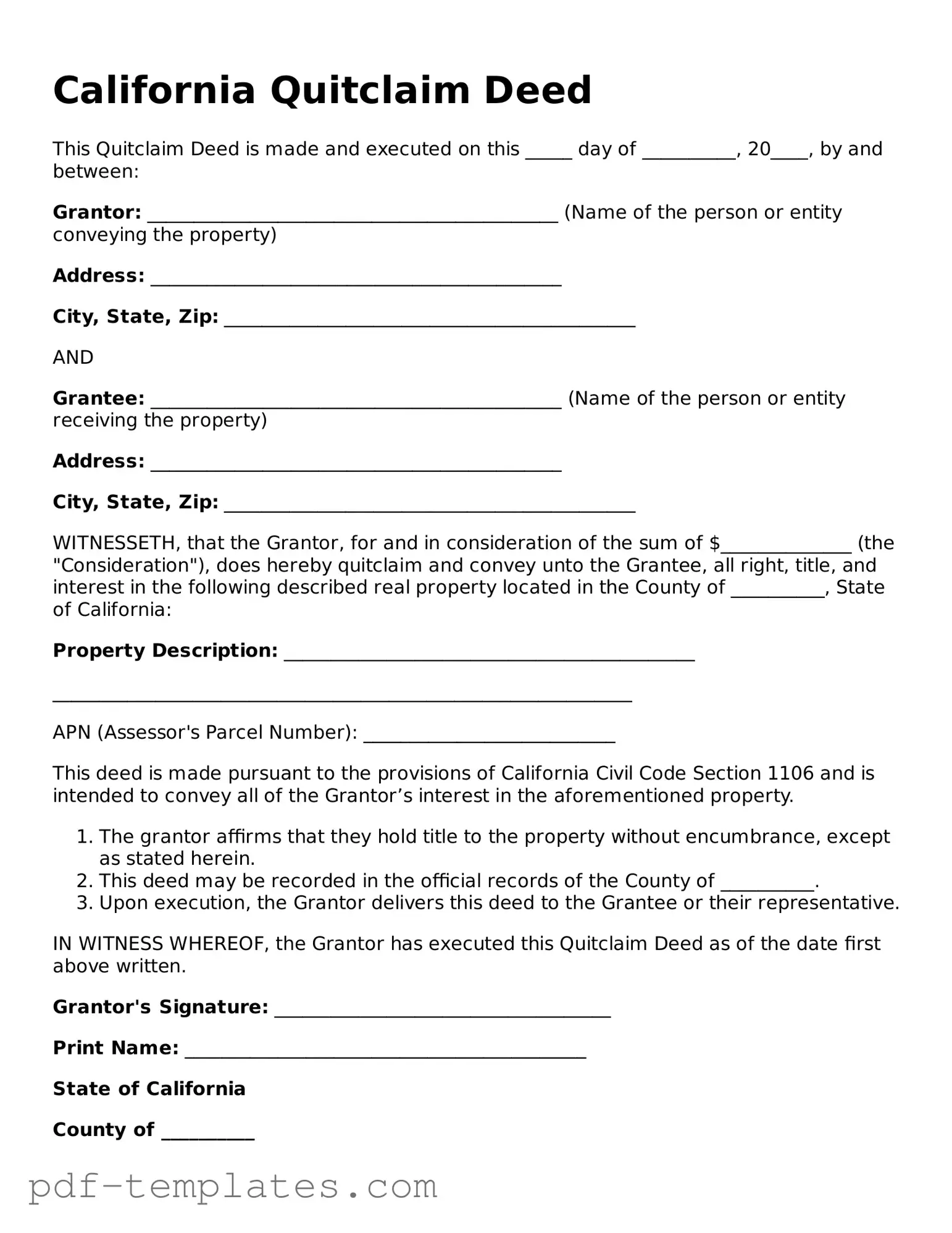 Official Quitclaim Deed Template for California State
