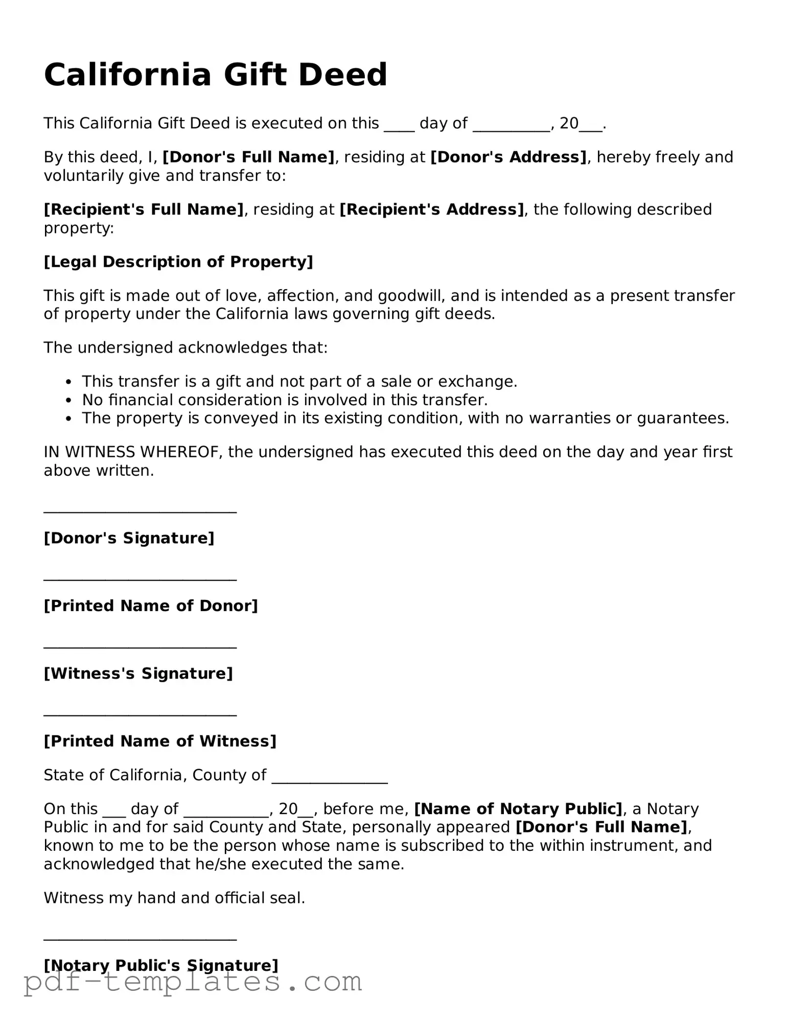 Official Gift Deed Template for California State