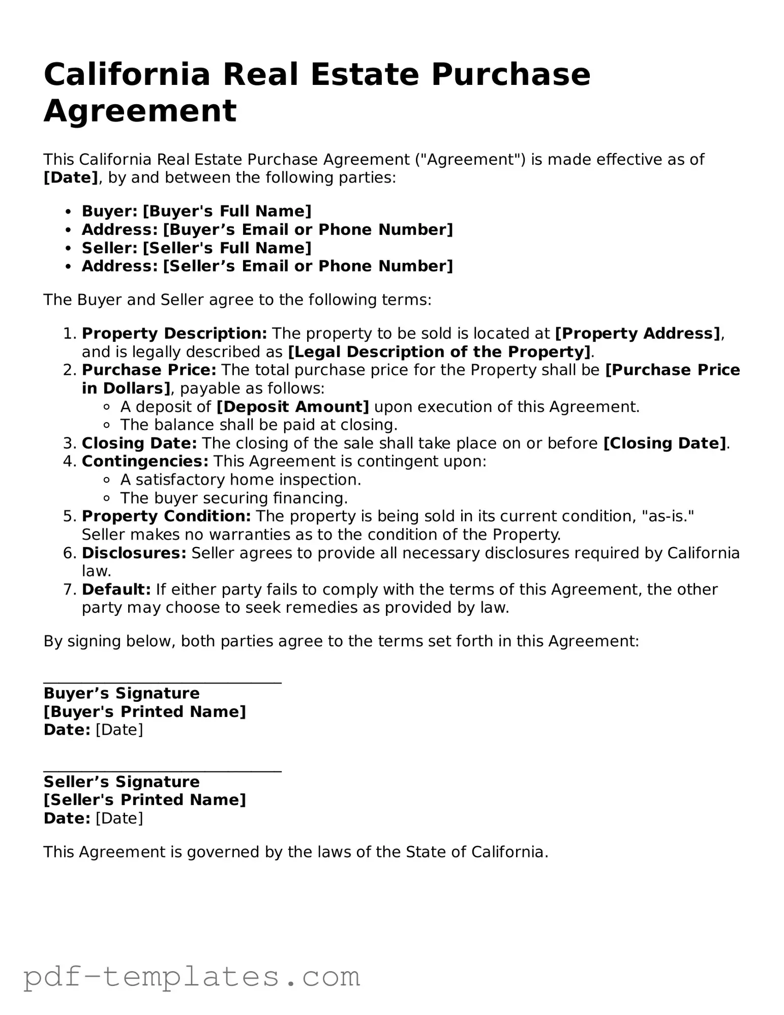 Official Real Estate Purchase Agreement Template for California State