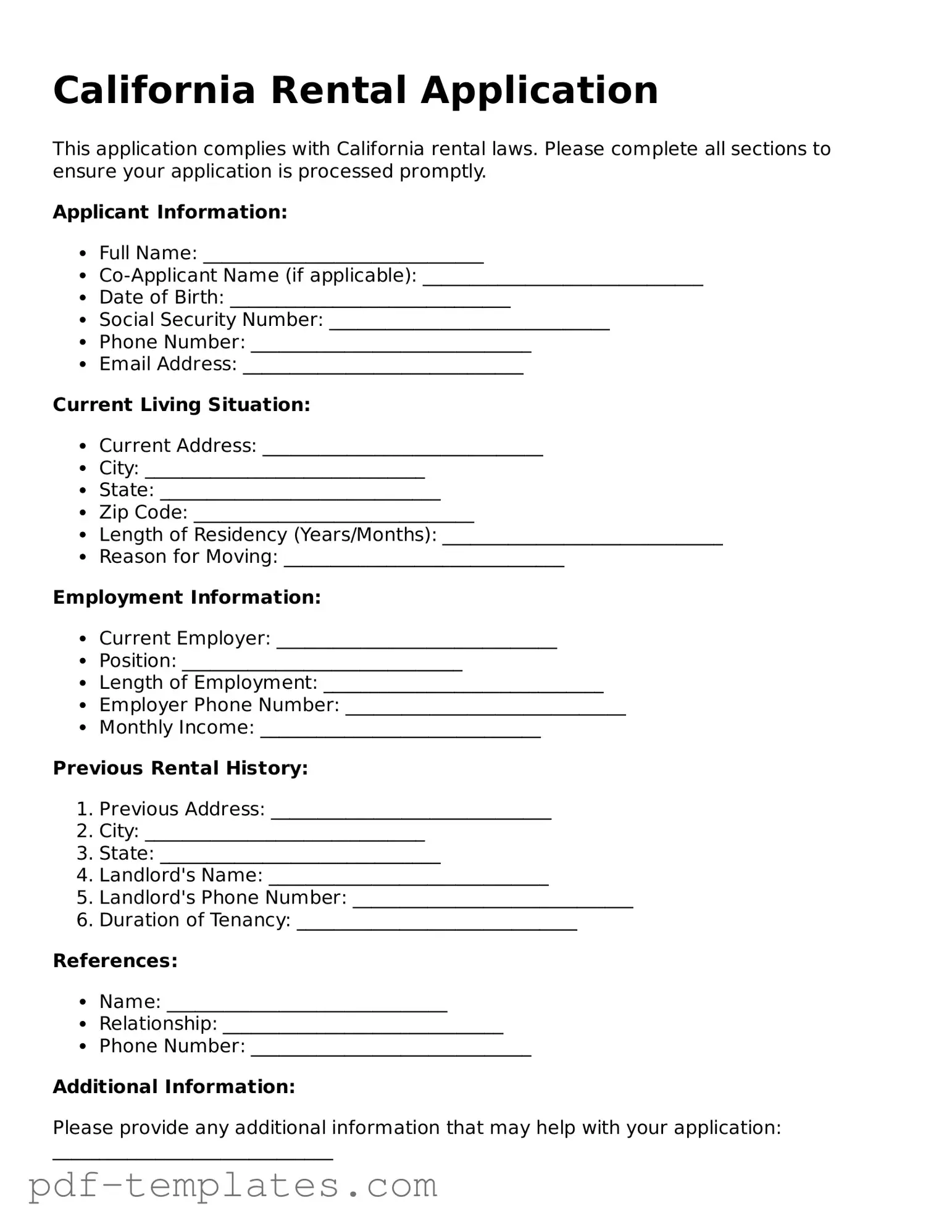 Official Rental Application Template for California State
