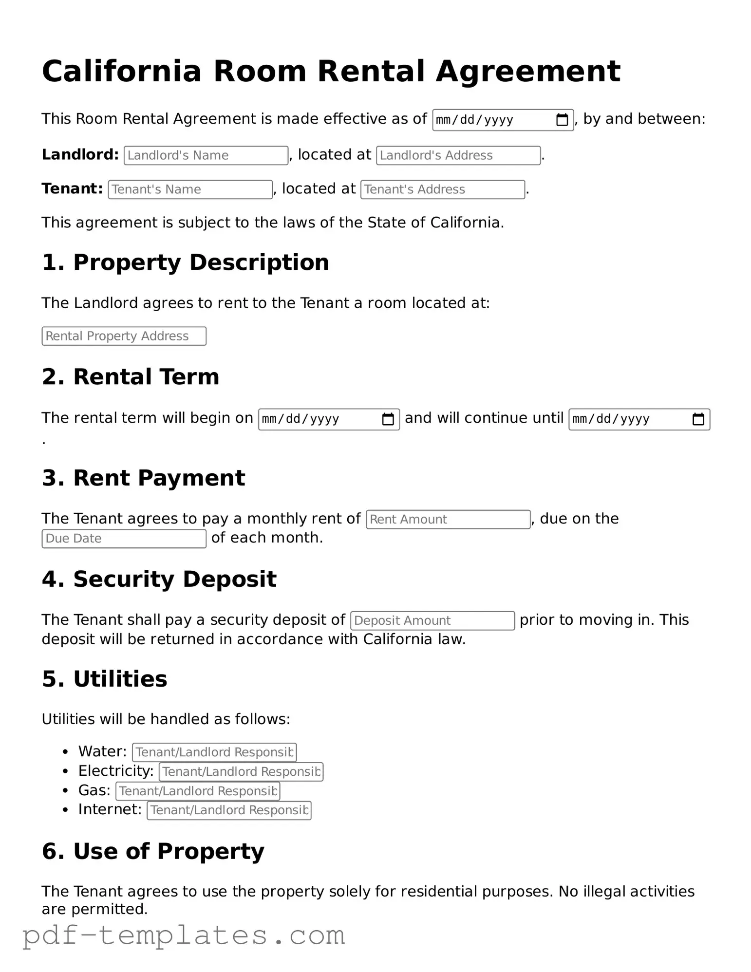 Official Room Rental Agreement Template for California State